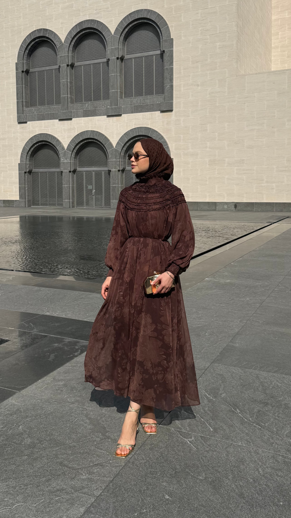 Gipeli Desenli Şifon  Elbise Kahverengi