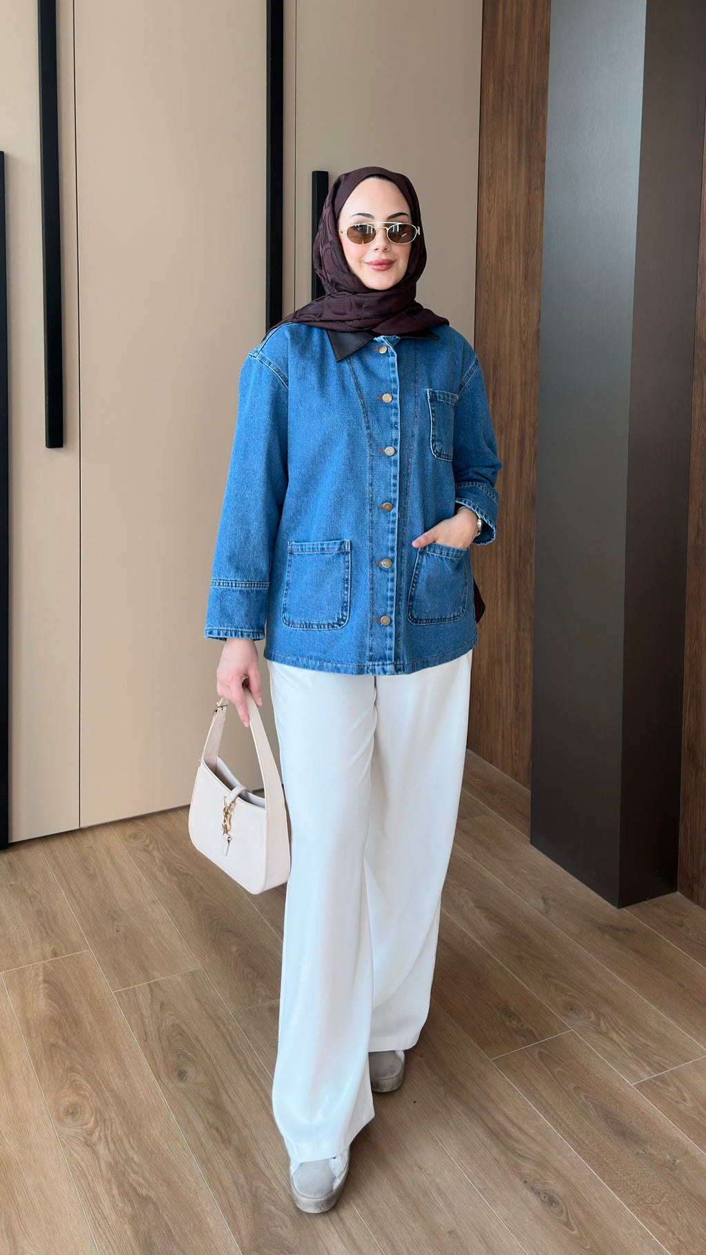 Deri Yakalı Kot Ceket Mavi