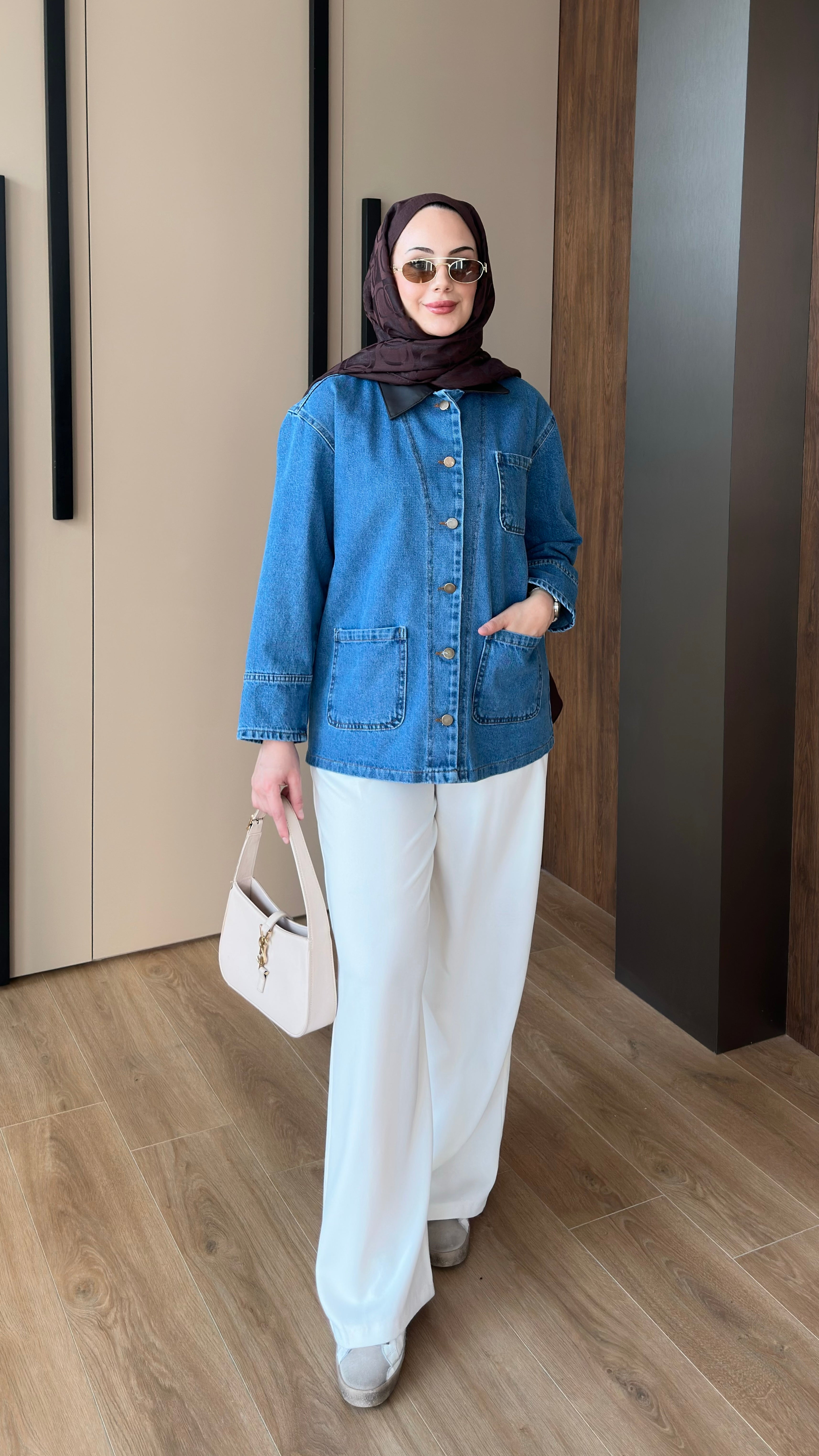 Deri Yakalı Kot Ceket Mavi