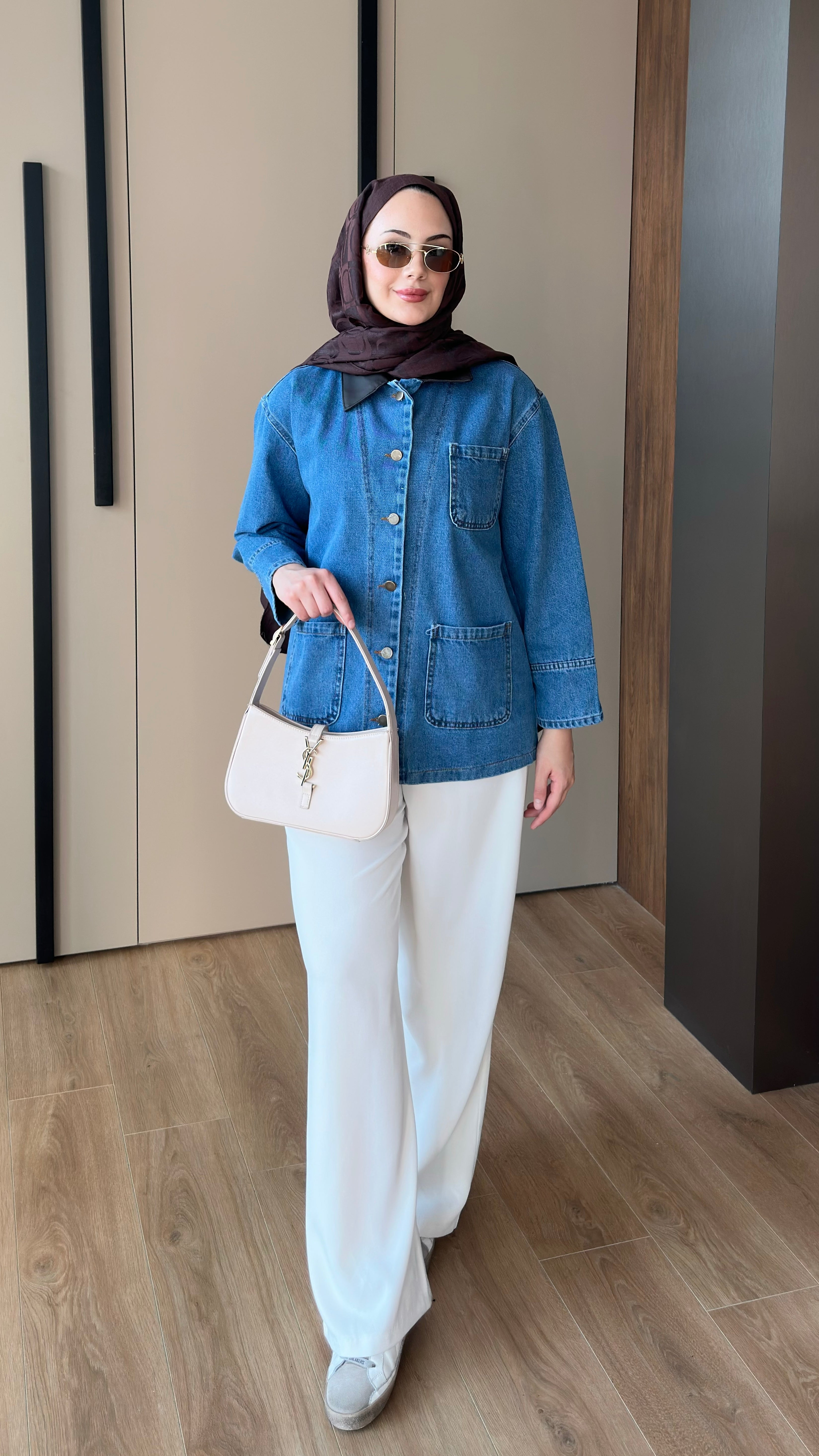 Deri Yakalı Kot Ceket Mavi