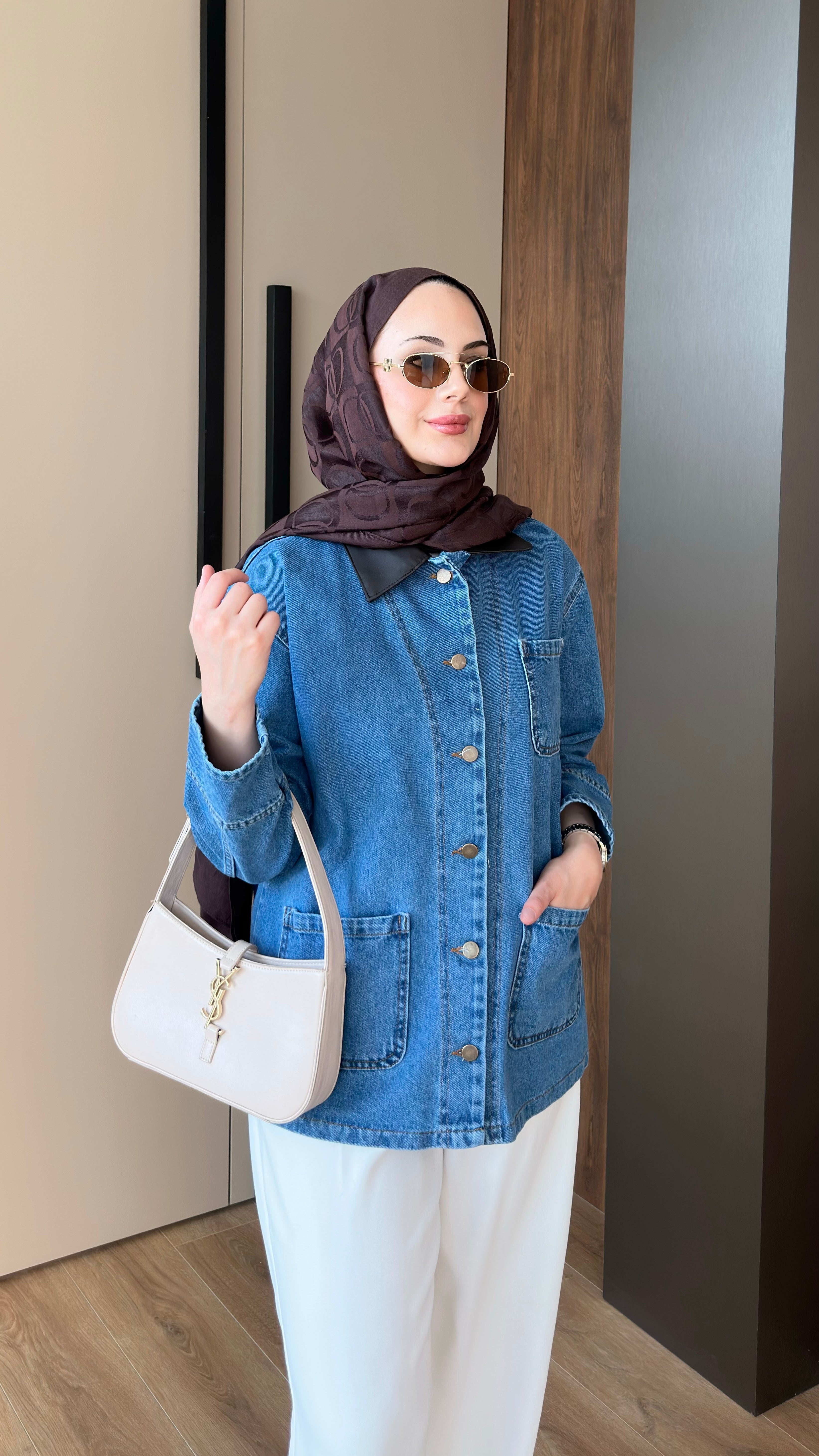 Deri Yakalı Kot Ceket Mavi