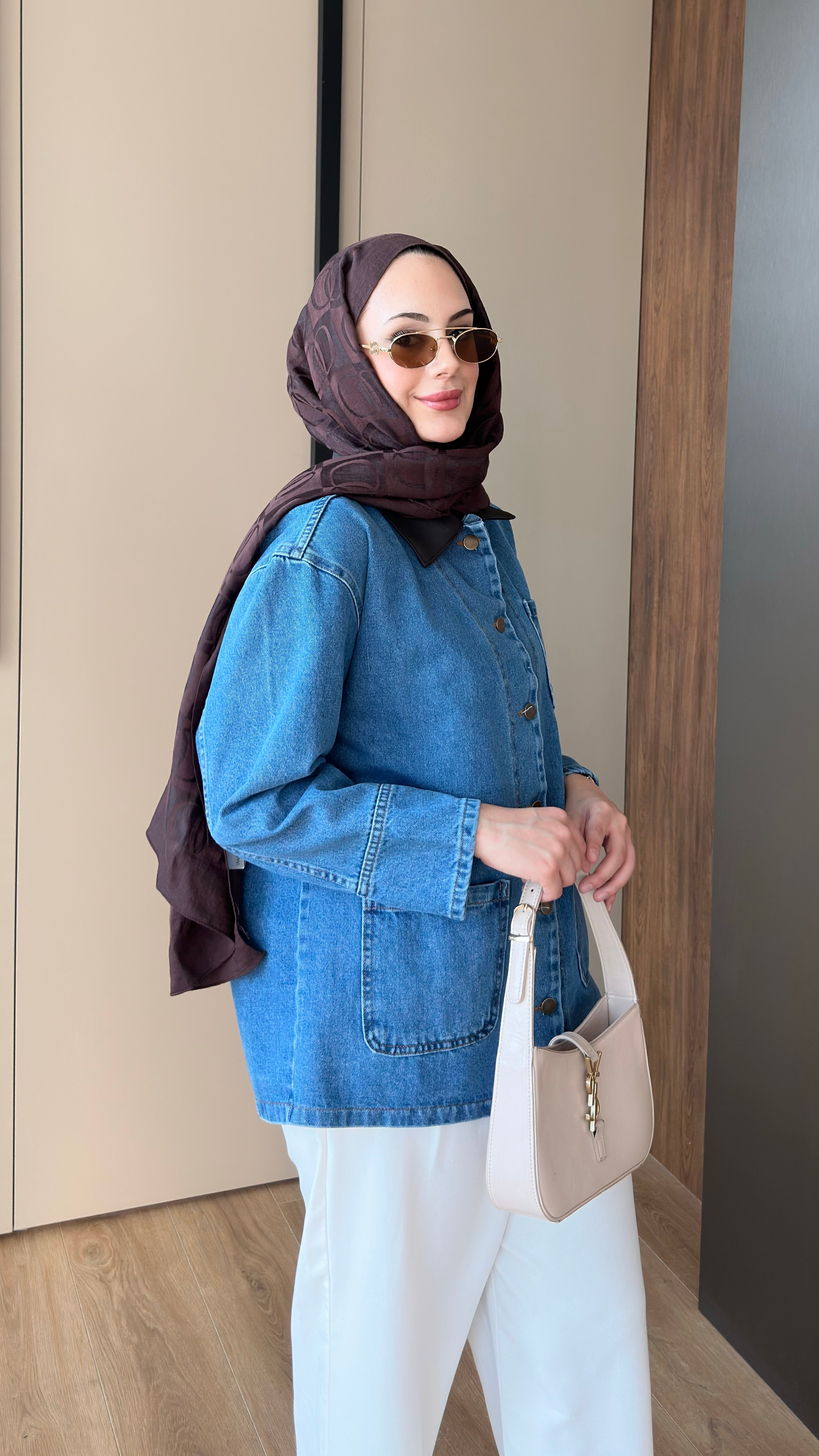 Deri Yakalı Kot Ceket Mavi