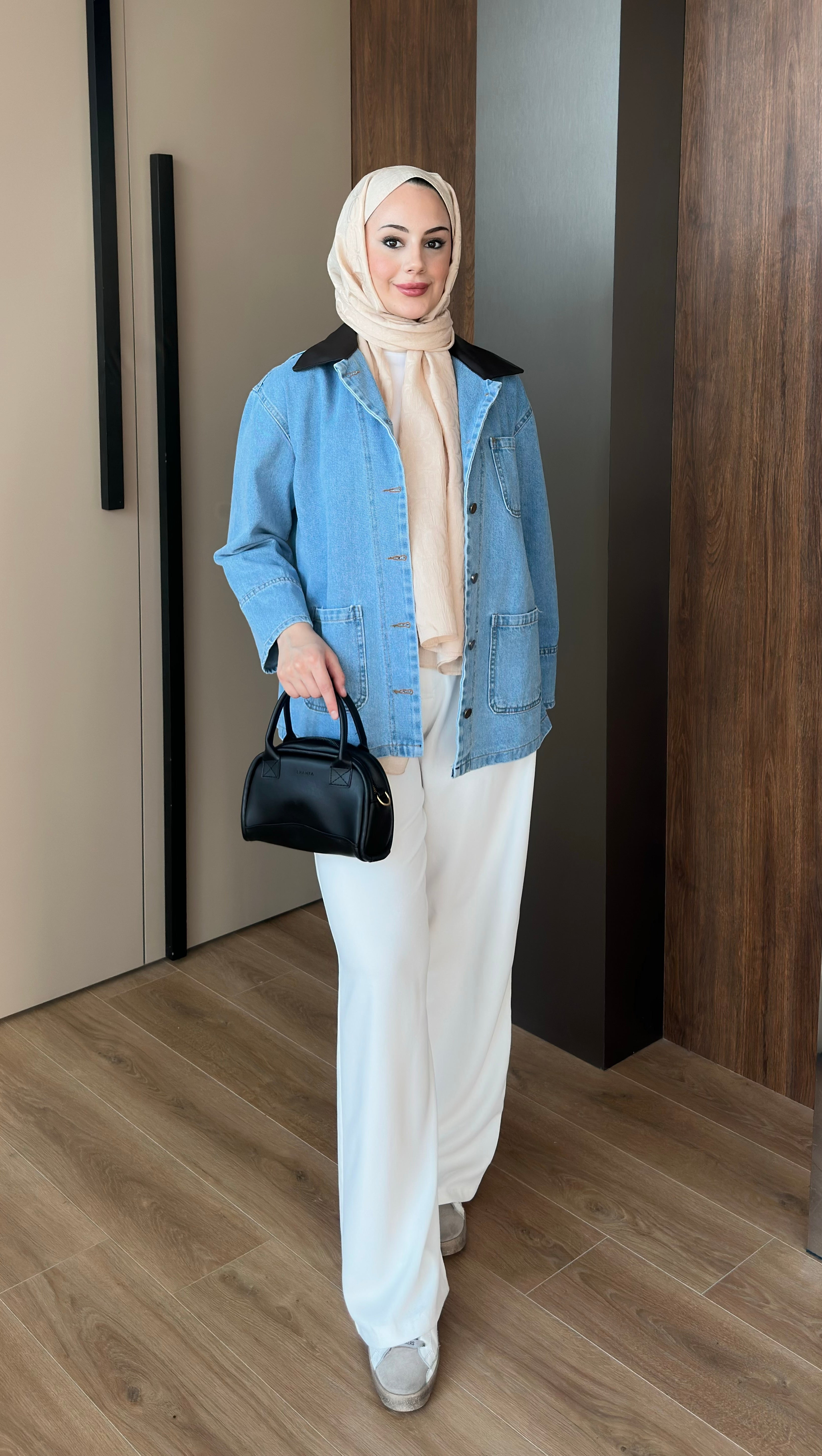 Deri Yakalı Kot Ceket Buz Mavisi