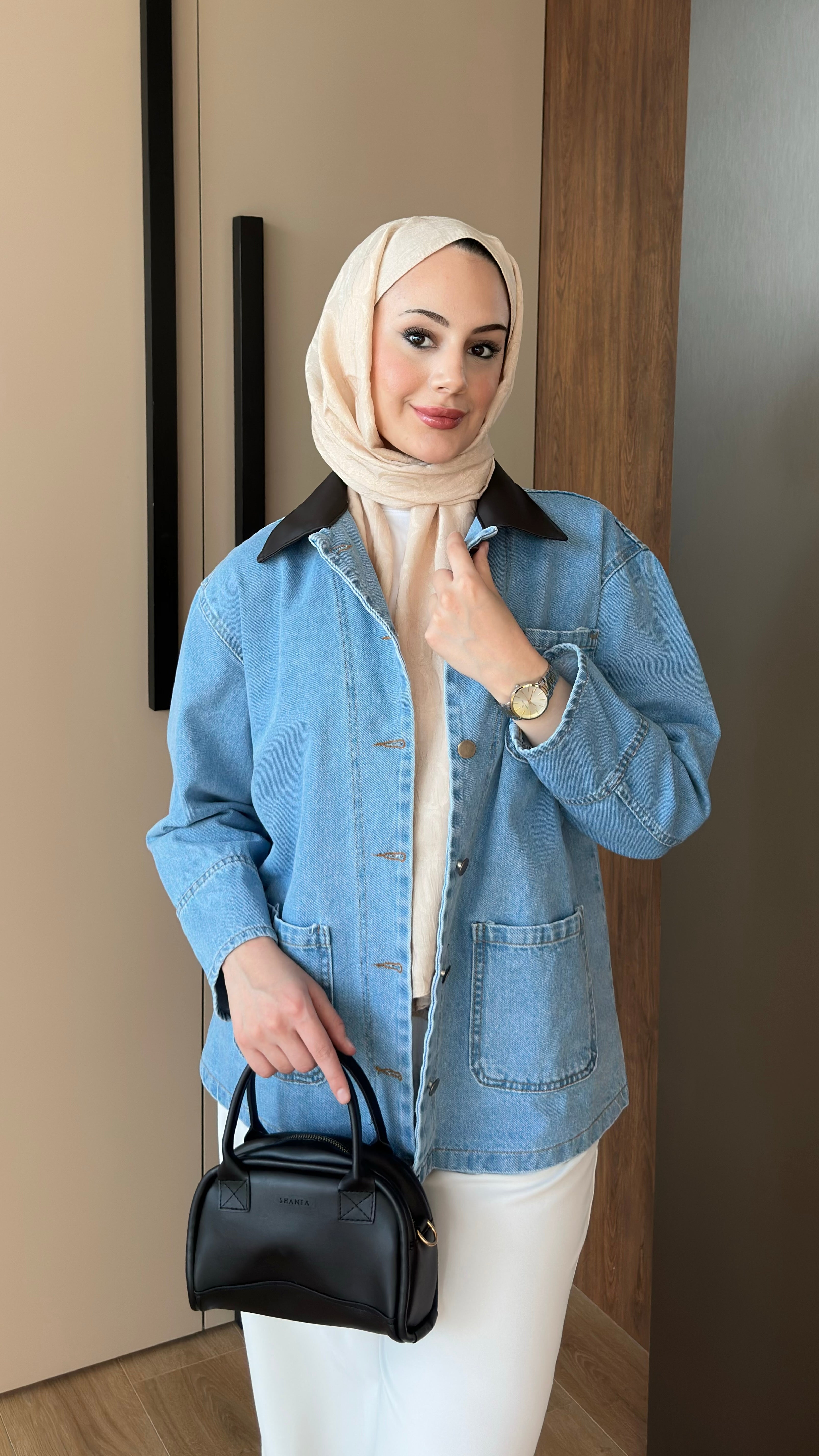 Deri Yakalı Kot Ceket Buz Mavisi