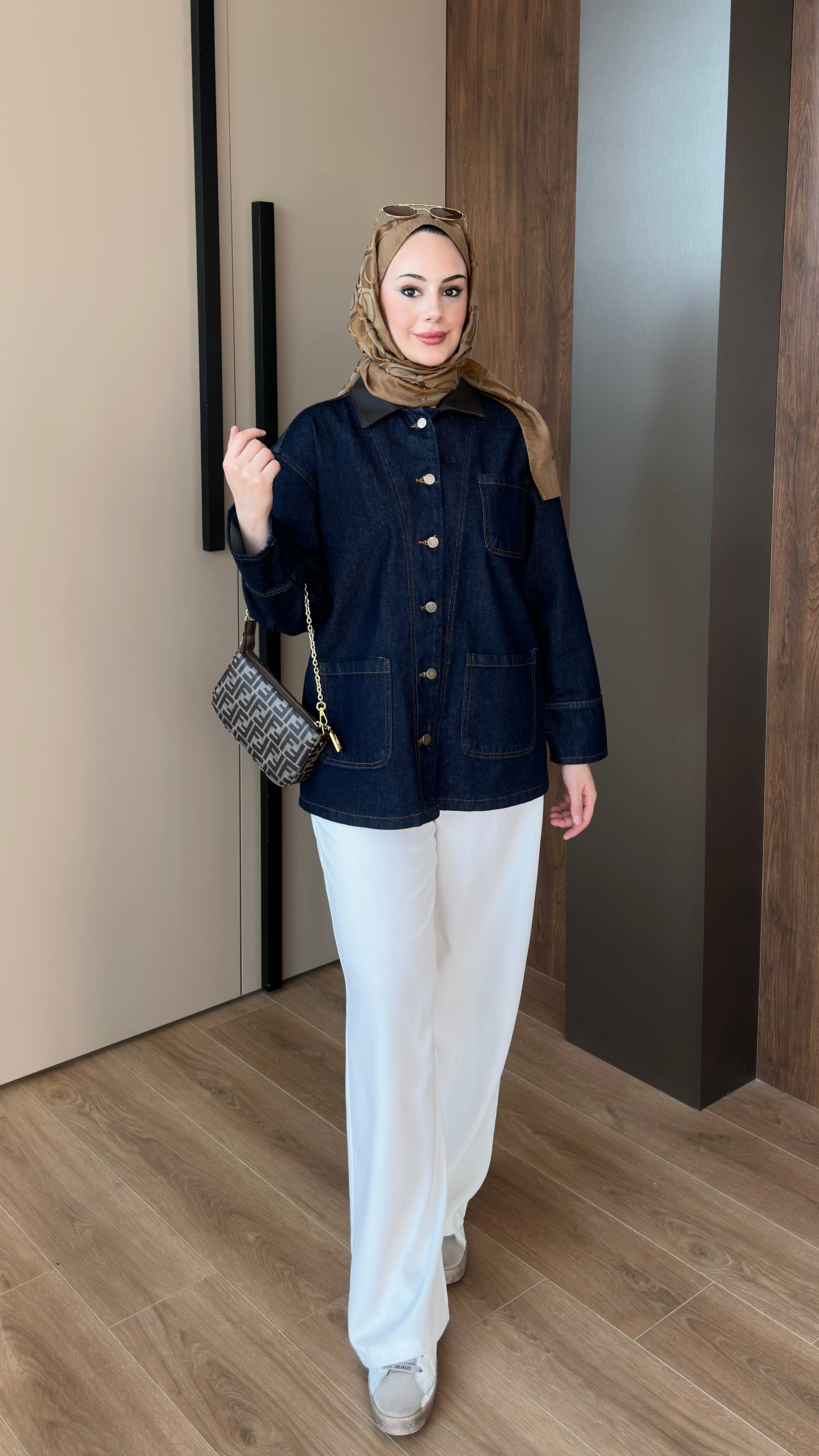 Deri Yakalı Kot Ceket Lacivert