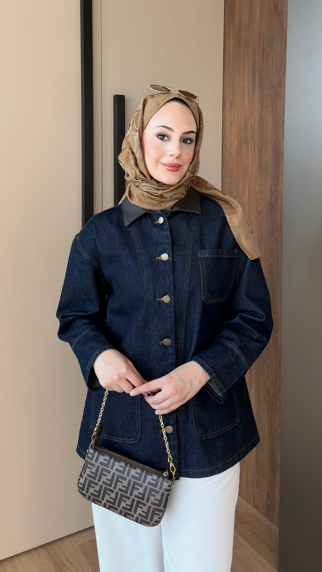 Deri Yakalı Kot Ceket Lacivert