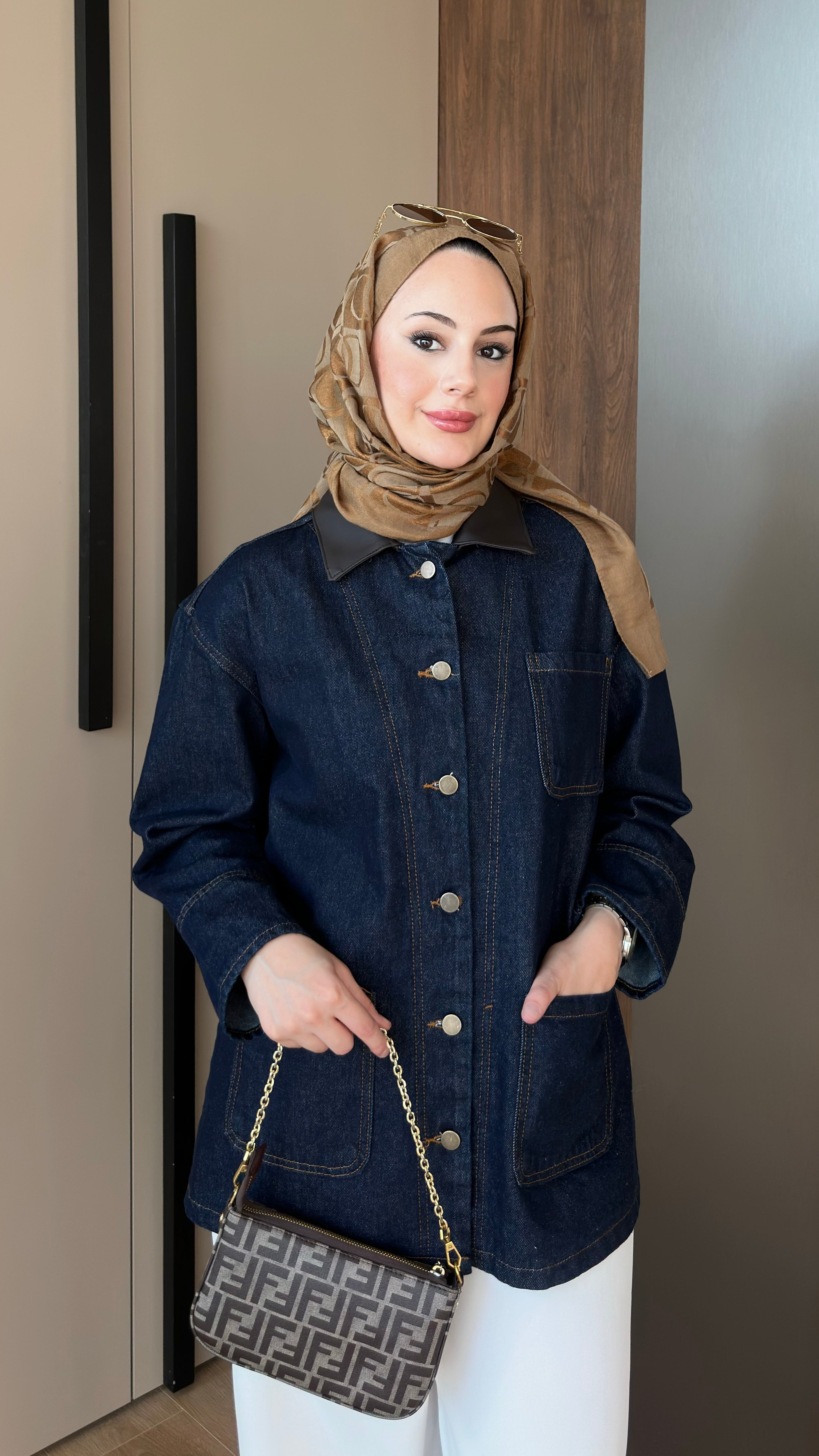 Deri Yakalı Kot Ceket Lacivert