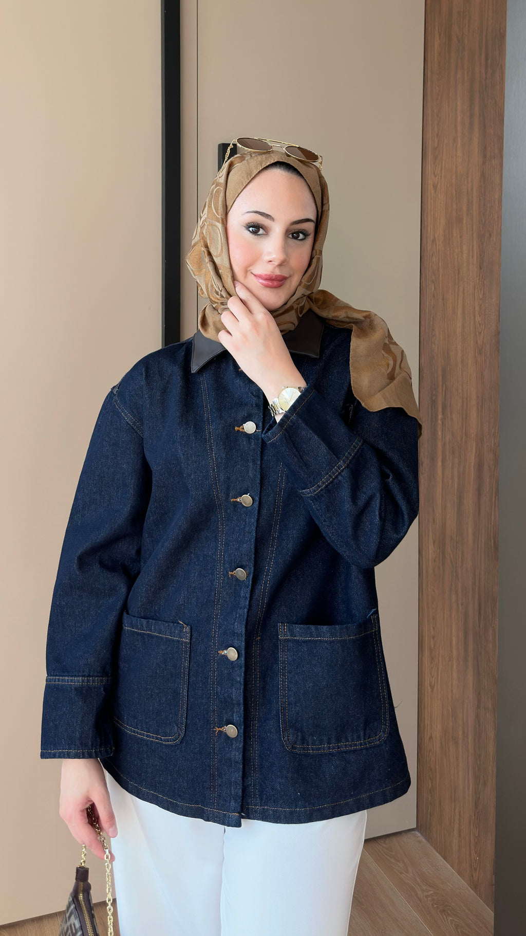 Deri Yakalı Kot Ceket Lacivert