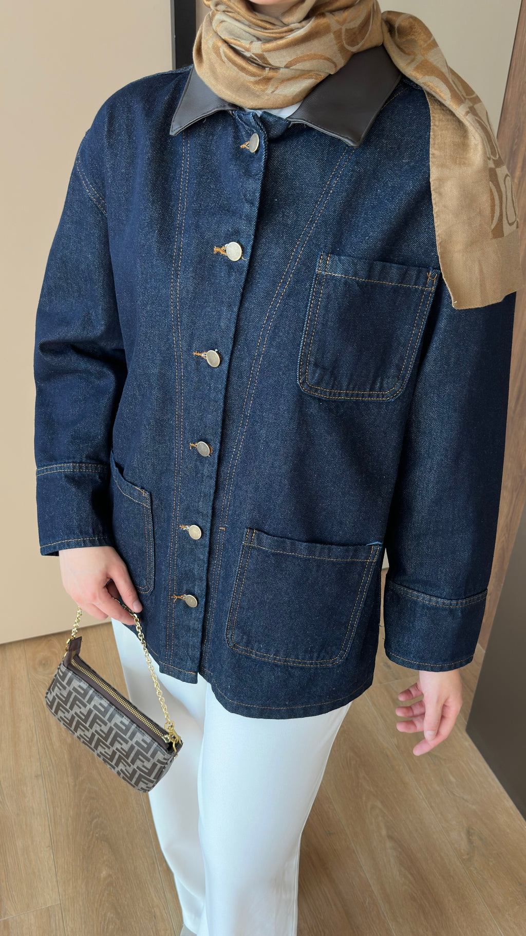 Deri Yakalı Kot Ceket Lacivert