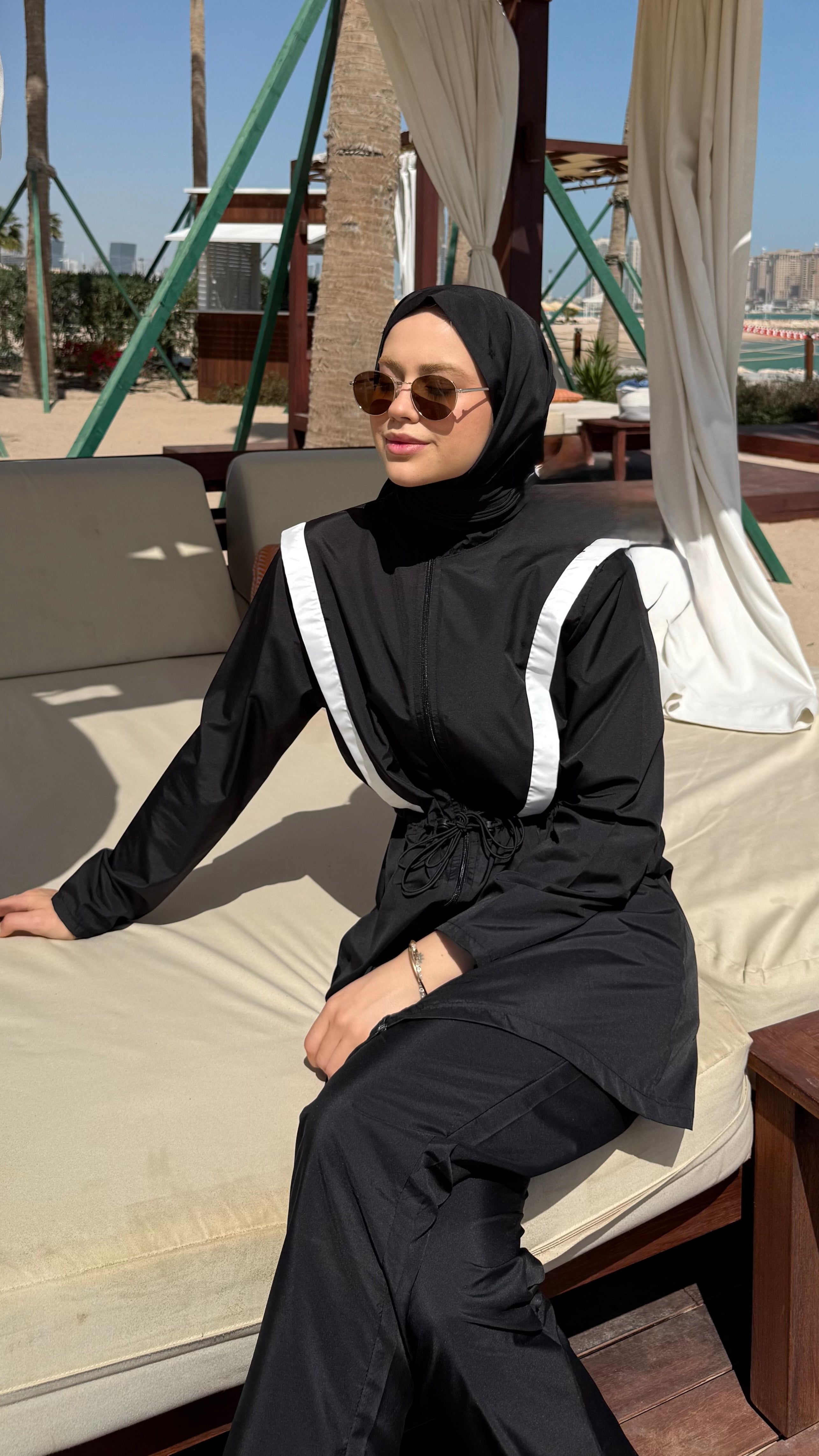 Şerit Detaylı Tesettür Mayo Sİyah