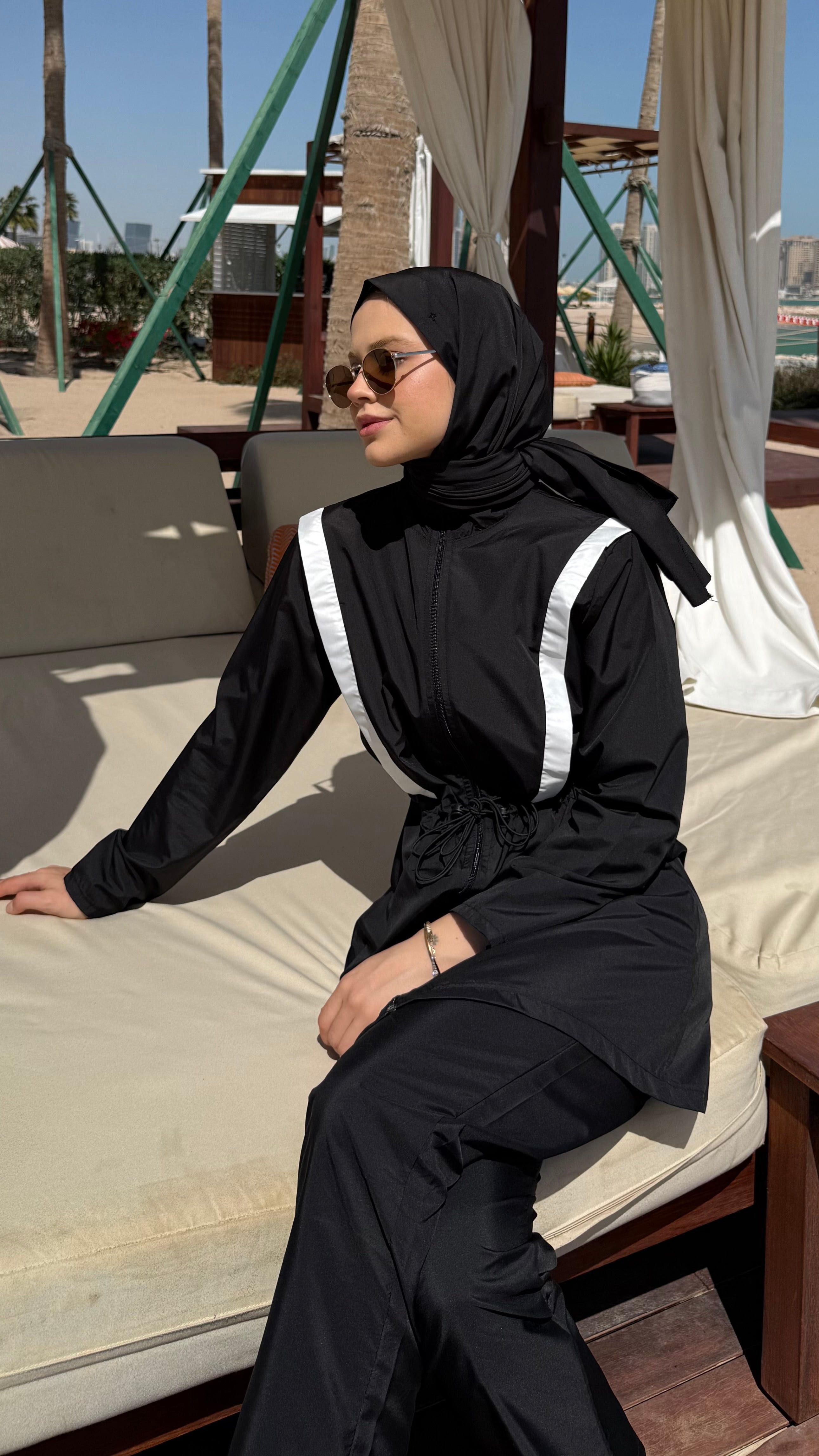 Şerit Detaylı Tesettür Mayo Sİyah