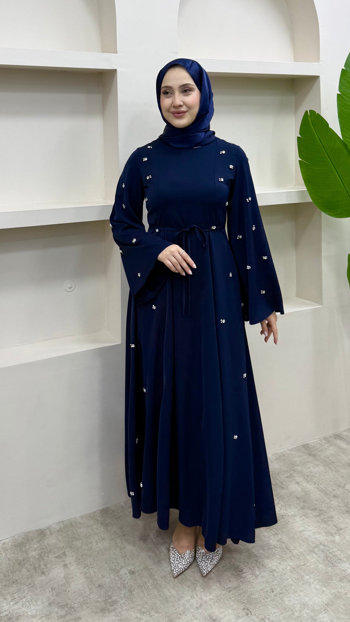 Taşlı Abaya Elbise Lacivert