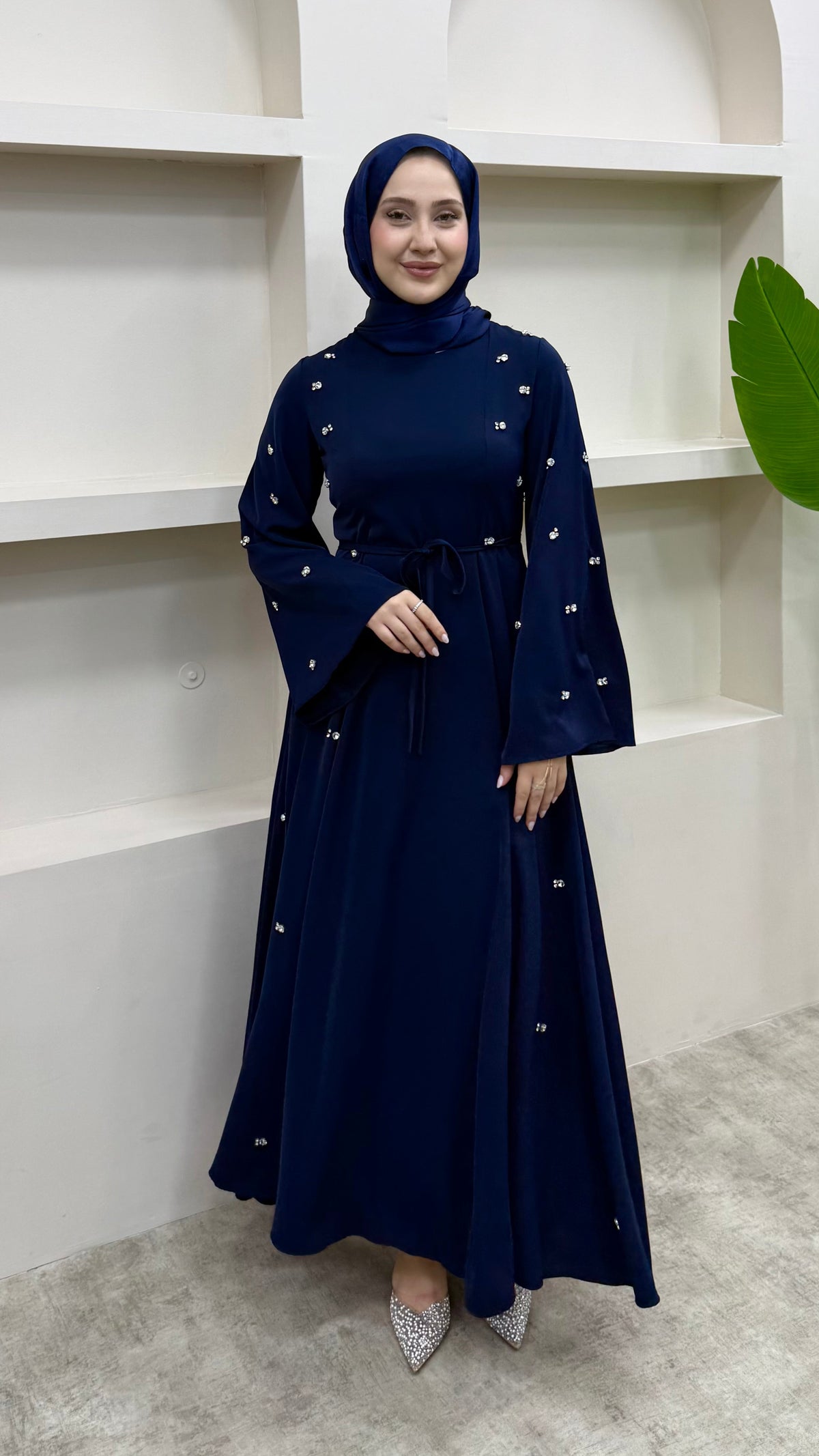 Taşlı Abaya Elbise Lacivert