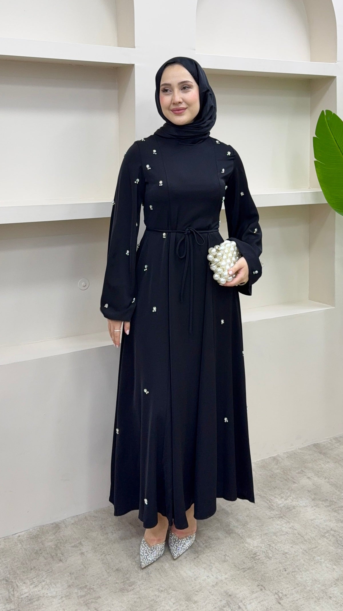 Taşlı Abaya Elbise Siyah