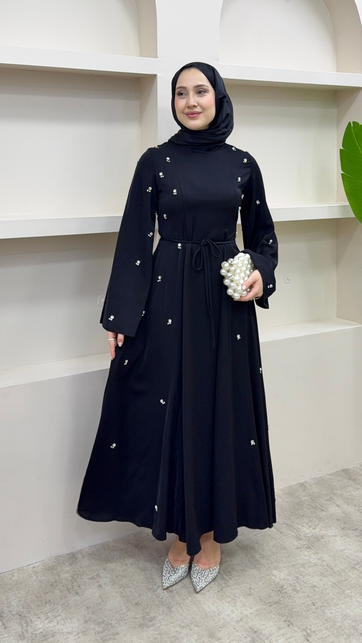 Taşlı Abaya Elbise Siyah