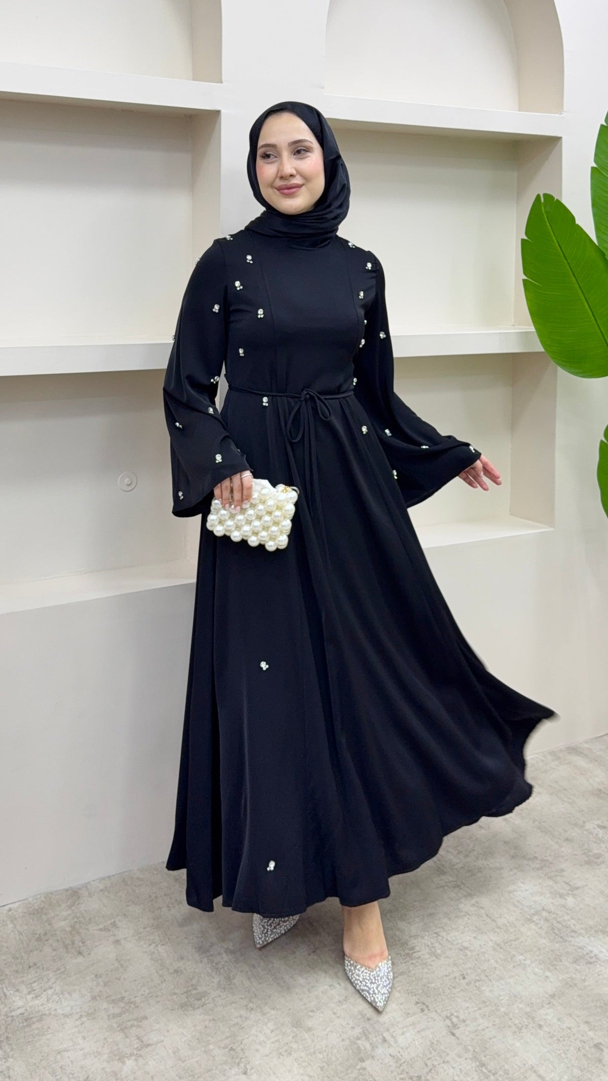 Taşlı Abaya Elbise Siyah