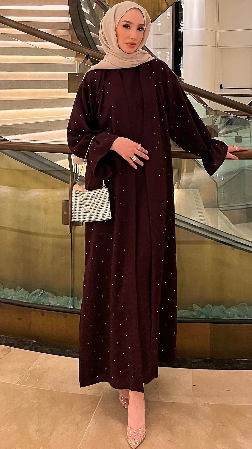 İkili Taşlı Abaya Takım Mürdüm