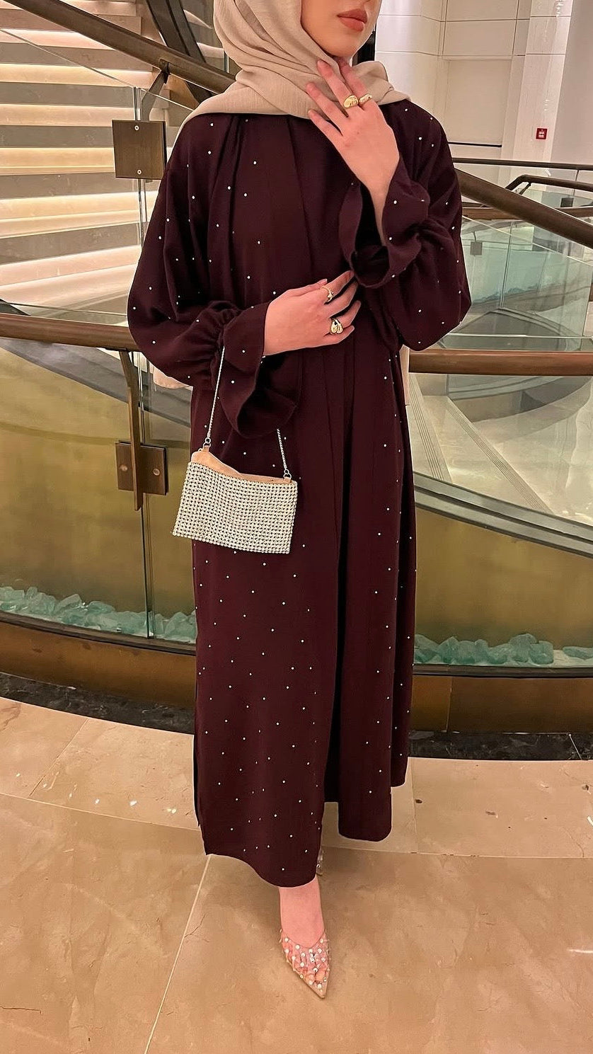 İkili Taşlı Abaya Takım Mürdüm