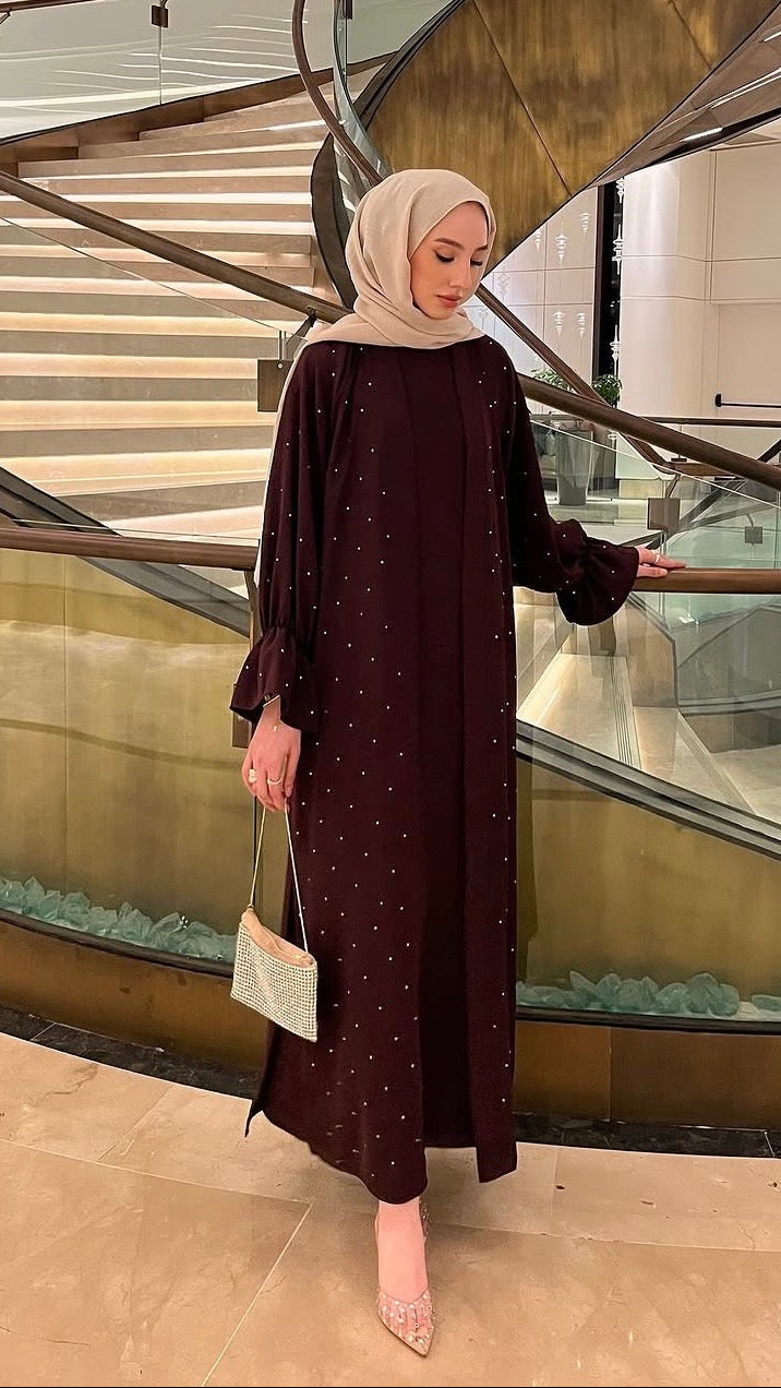 İkili Taşlı Abaya Takım Mürdüm