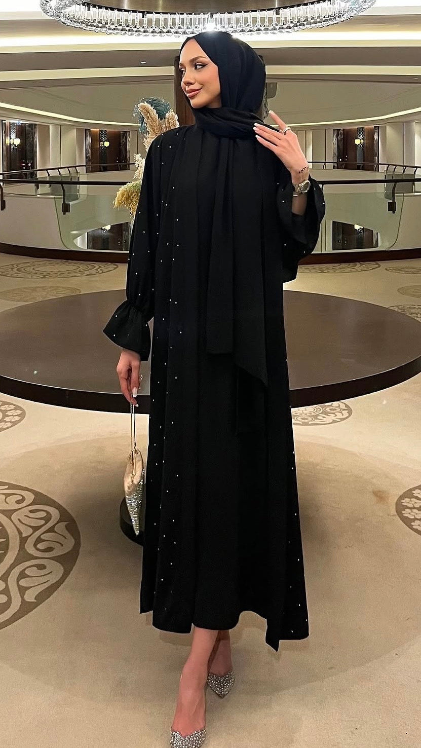 İkili Taşlı Abaya Takım Siyah