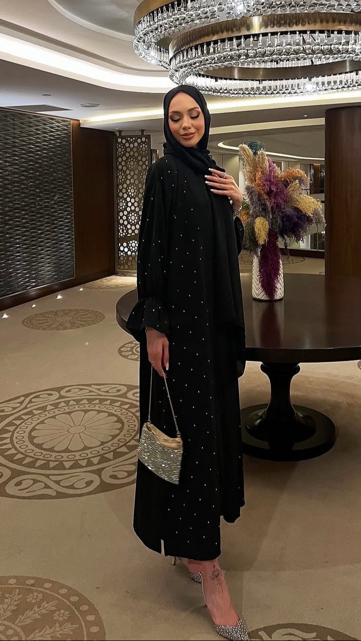 İkili Taşlı Abaya Takım Siyah