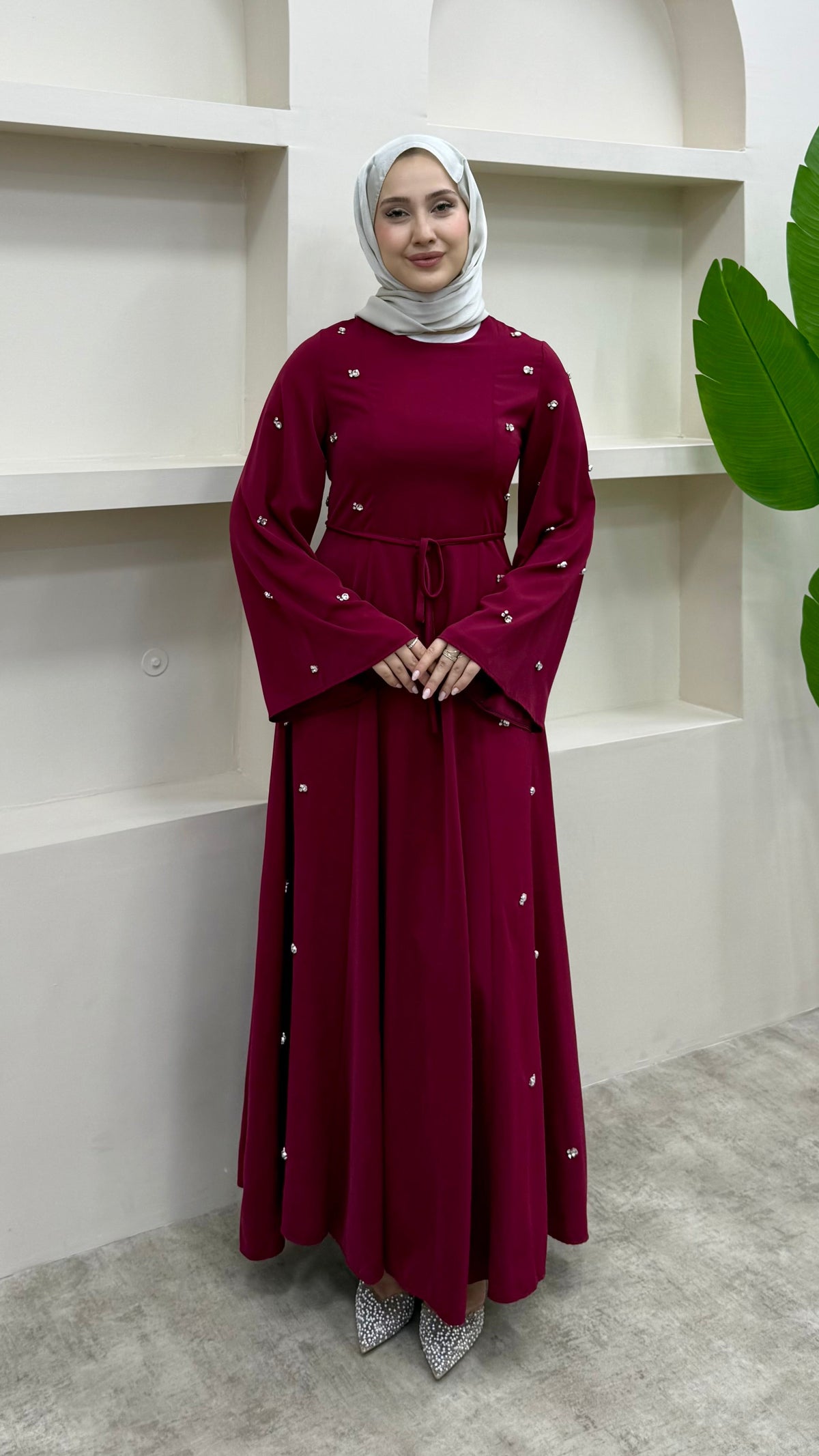 Taşlı Abaya Elbise Kırmızı
