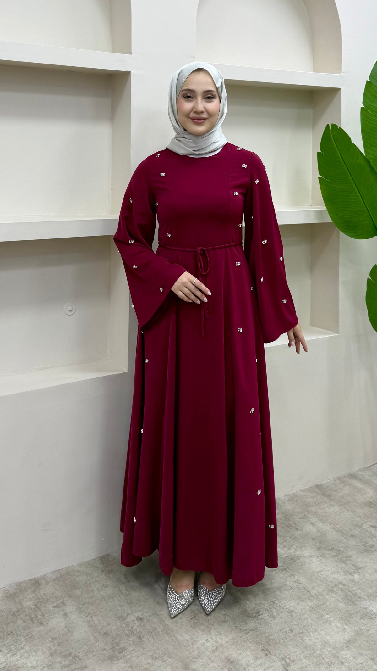 Taşlı Abaya Elbise Kırmızı
