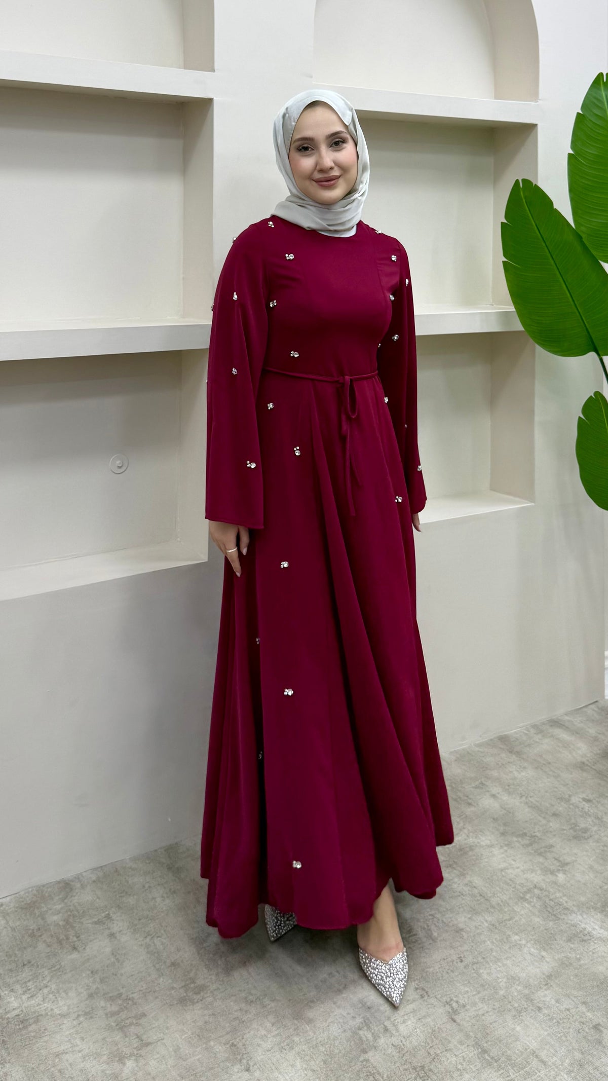 Taşlı Abaya Elbise Kırmızı