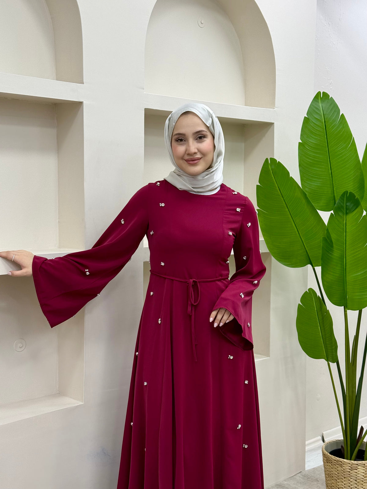Taşlı Abaya Elbise Kırmızı