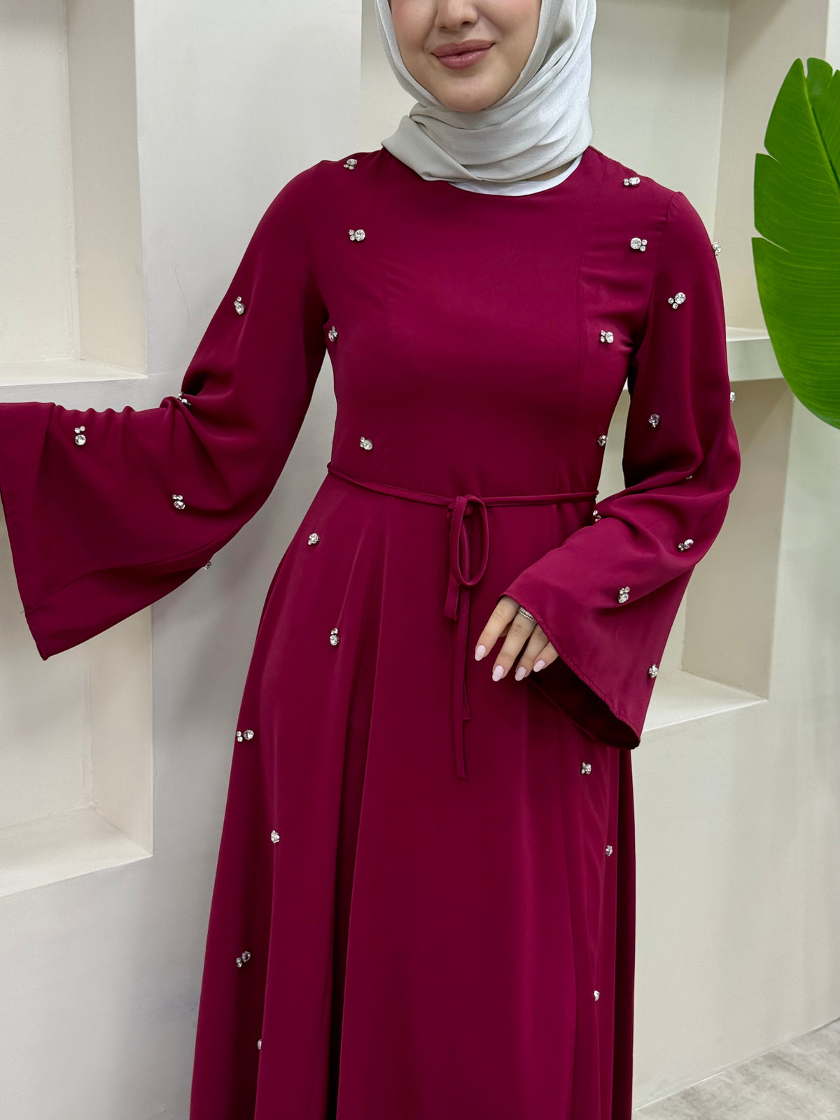 Taşlı Abaya Elbise Kırmızı