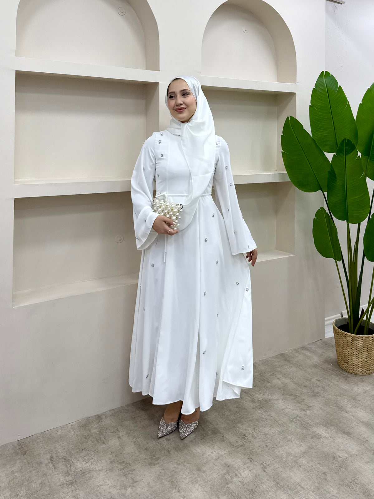 Taşlı Abaya Elbise Beyaz