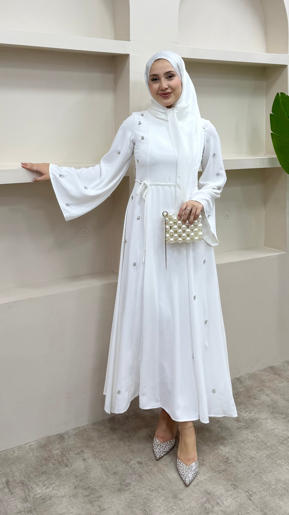 Taşlı Abaya Elbise Beyaz
