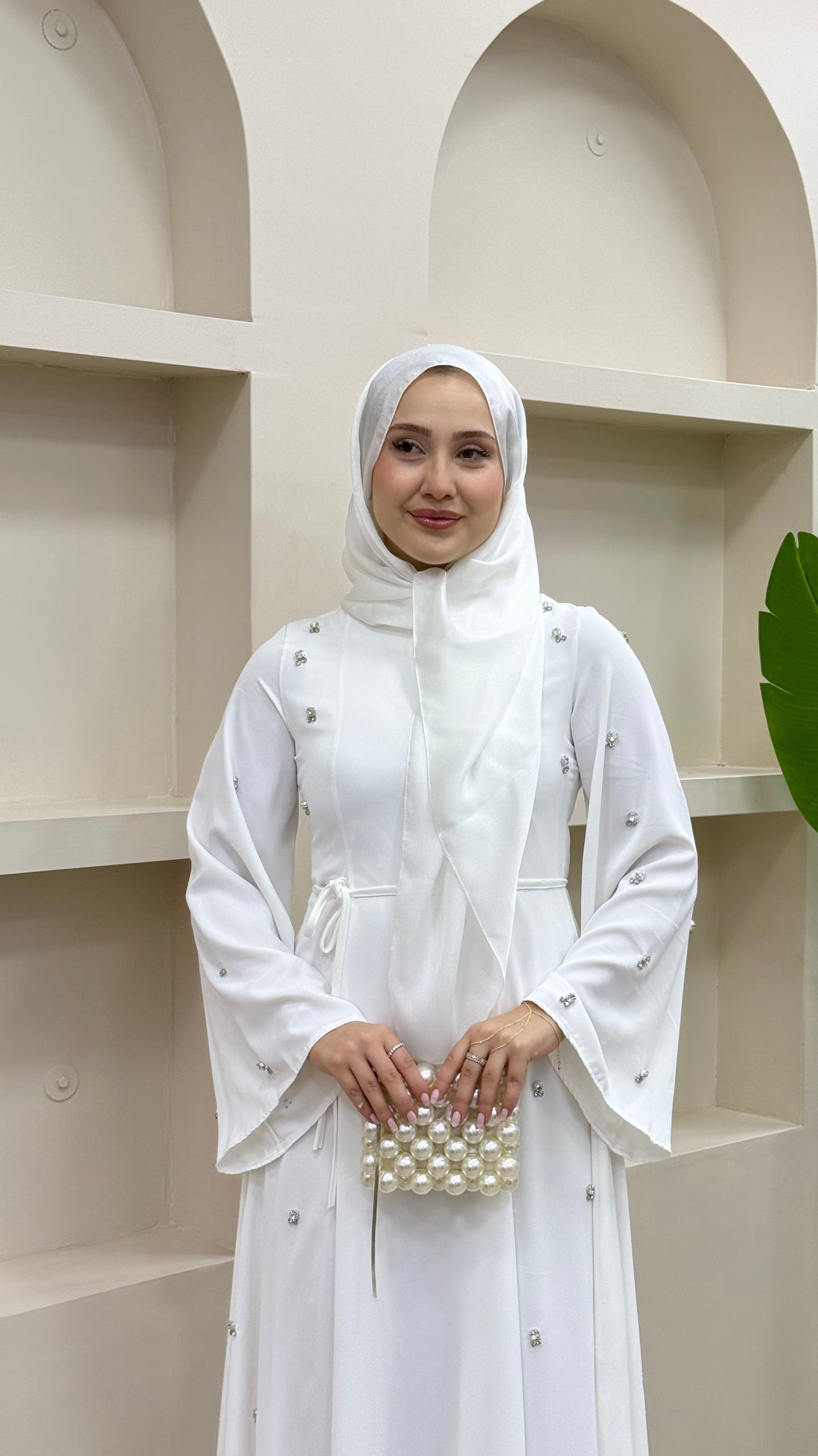 Taşlı Abaya Elbise Beyaz