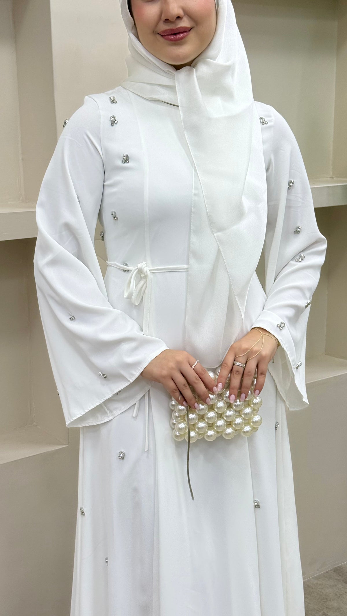 Taşlı Abaya Elbise Beyaz