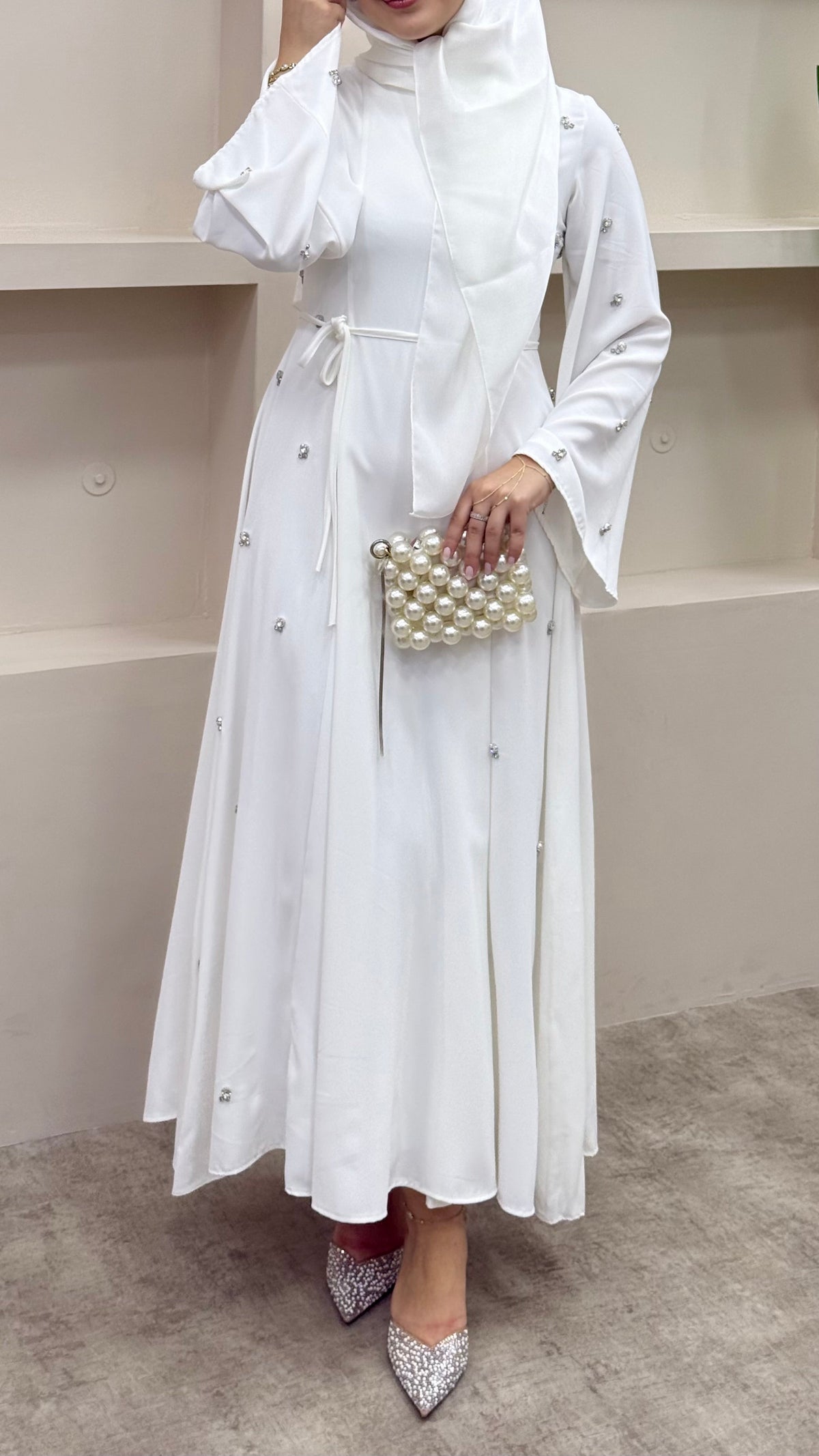 Taşlı Abaya Elbise Beyaz