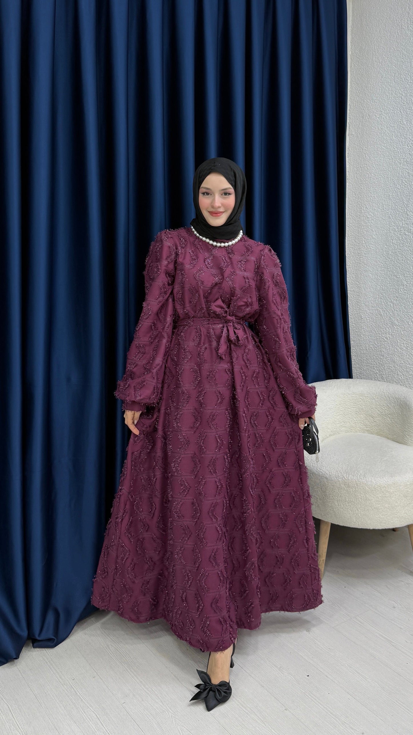 Jakarlı Elbise Bordo