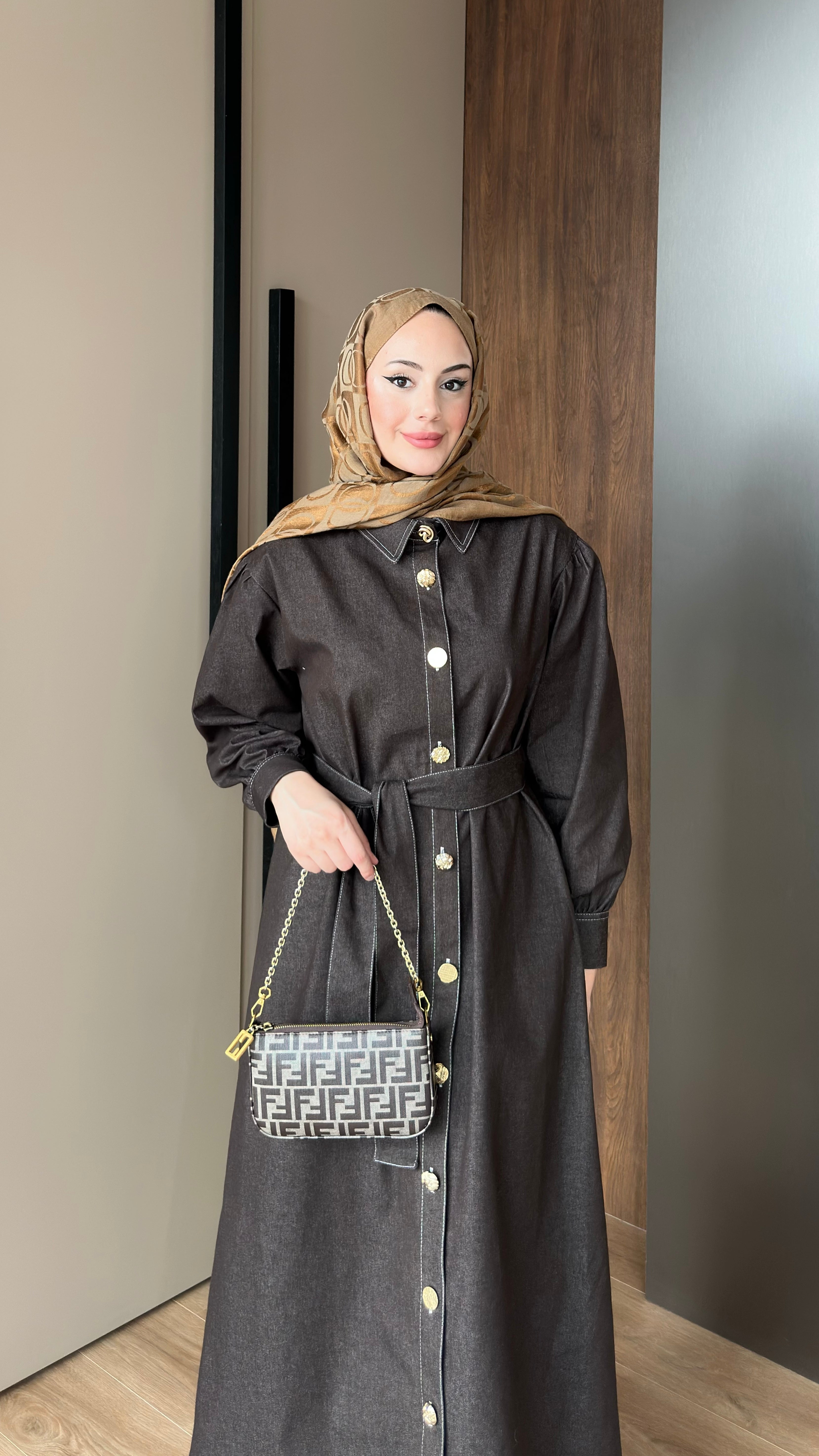 Gold Düğmeli Kot Elbise  Kahverengi