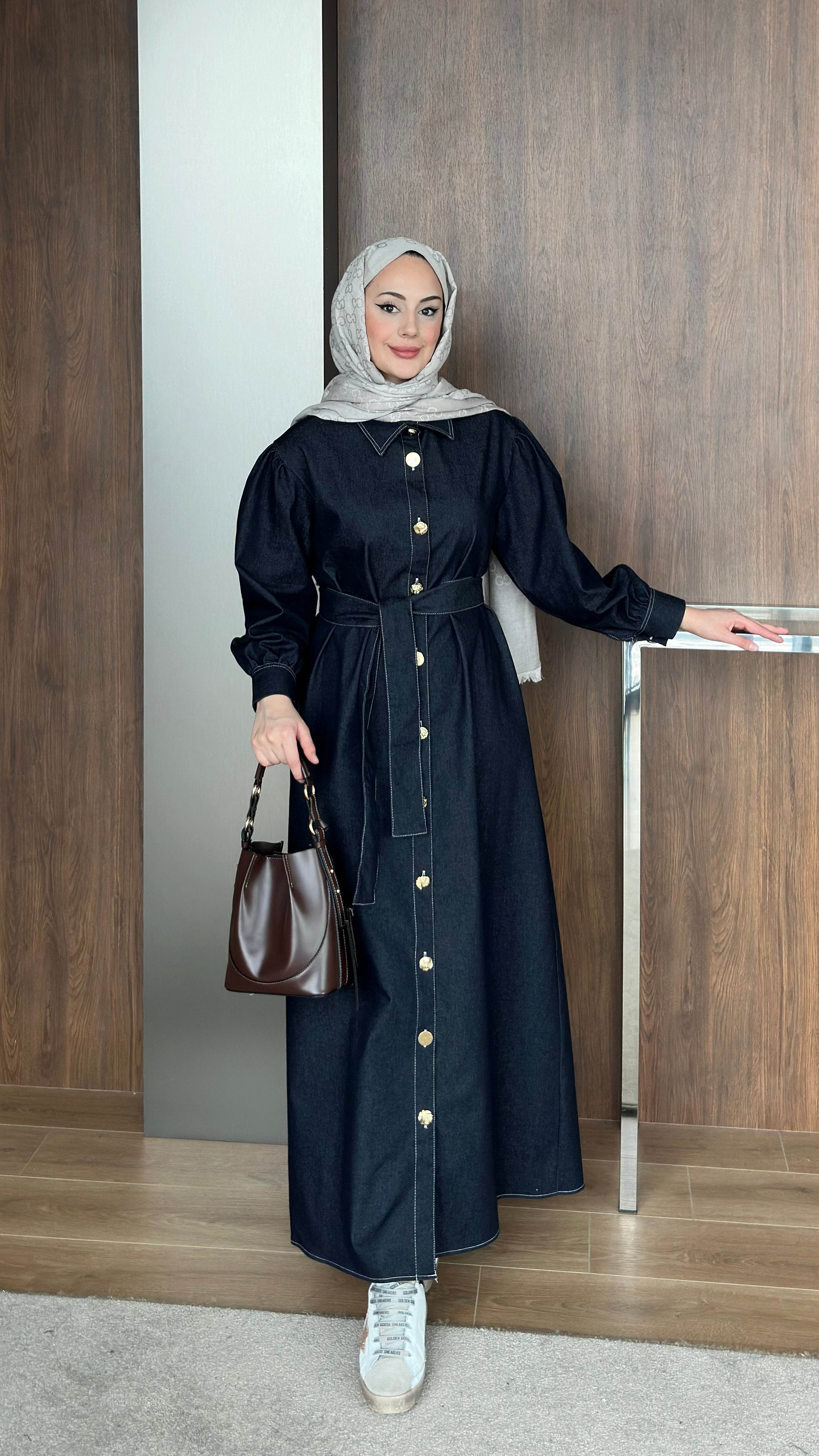 Gold Düğmeli Kot Elbise  Lacivert