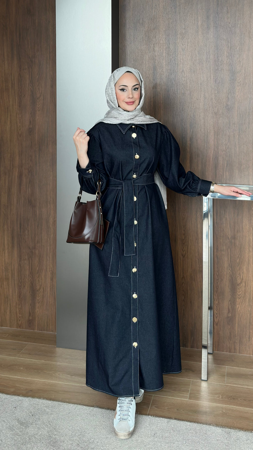 Gold Düğmeli Kot Elbise  Lacivert