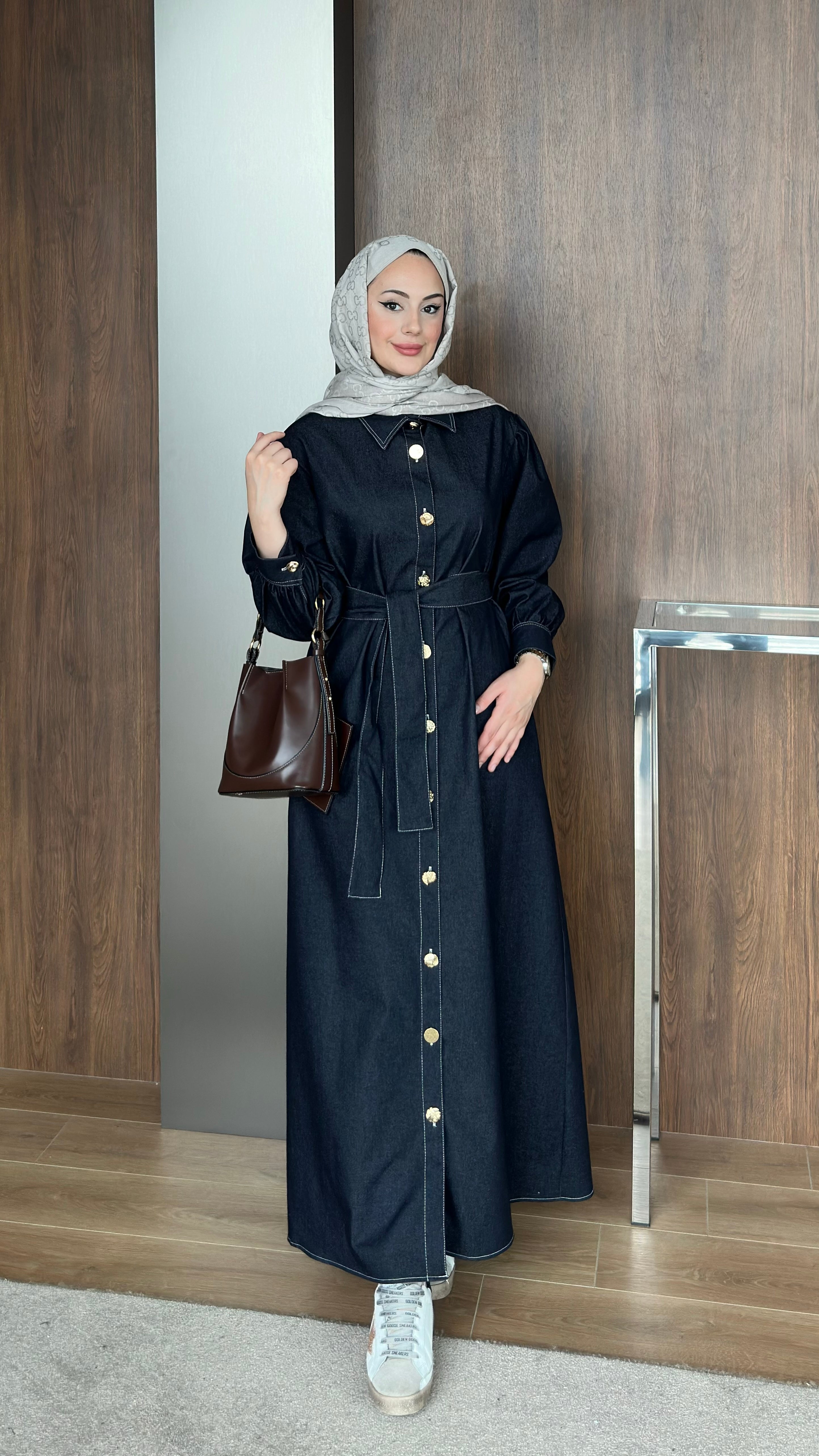 Gold Düğmeli Kot Elbise  Lacivert