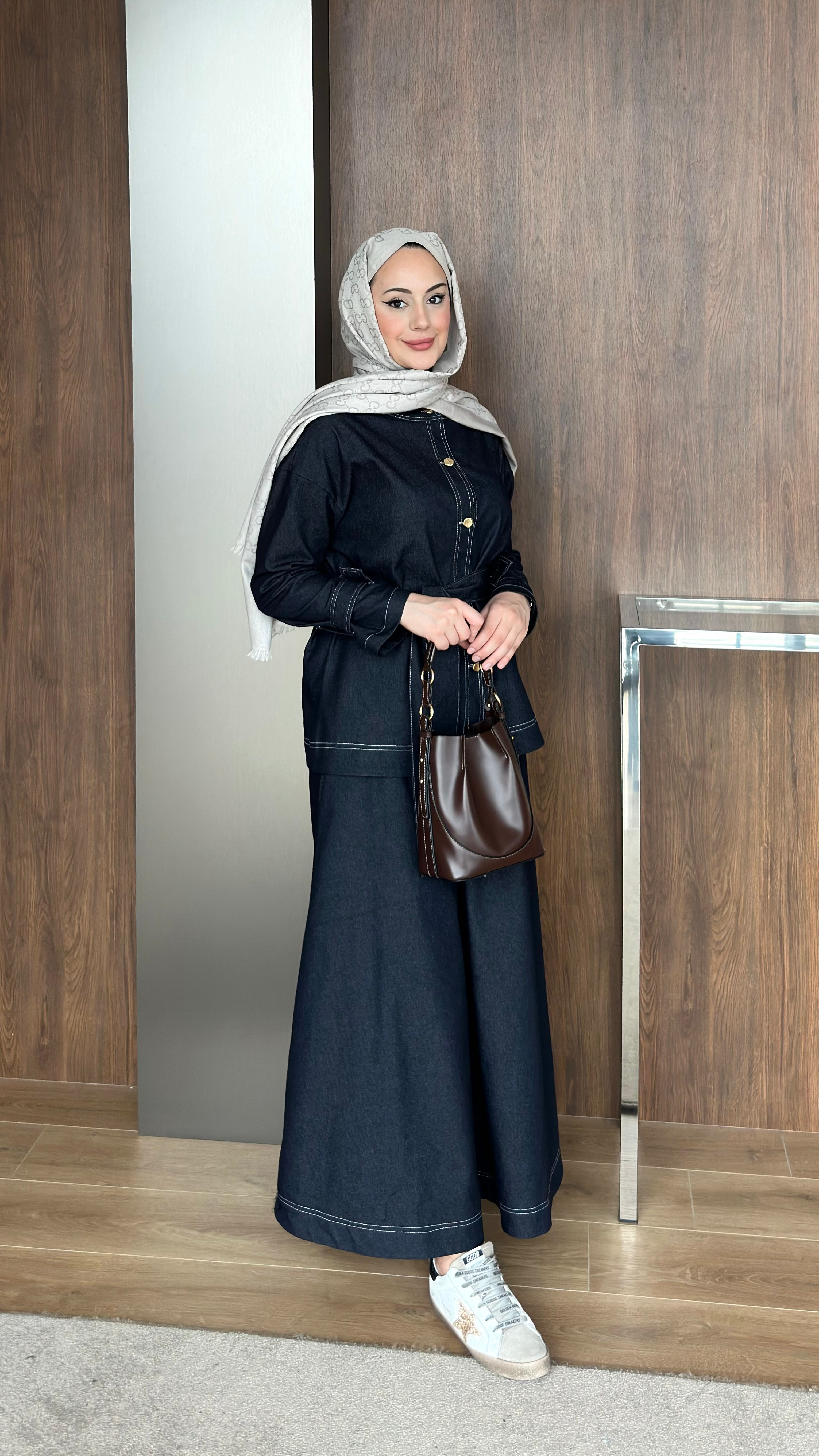 Gold Düğmeli Etekli Kot Takım Lacivertt