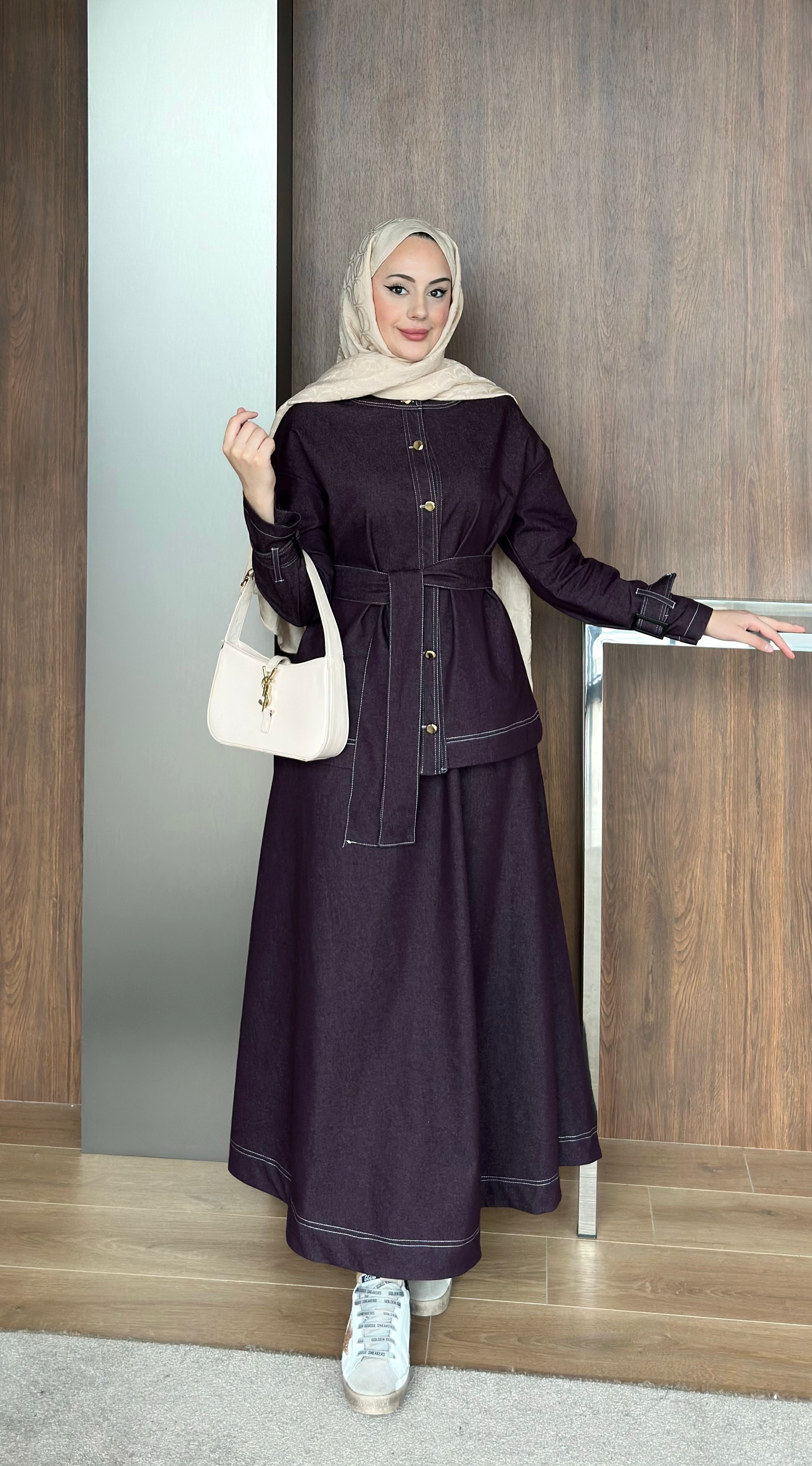 Gold Düğmeli Etekli Kot Takım Bordo