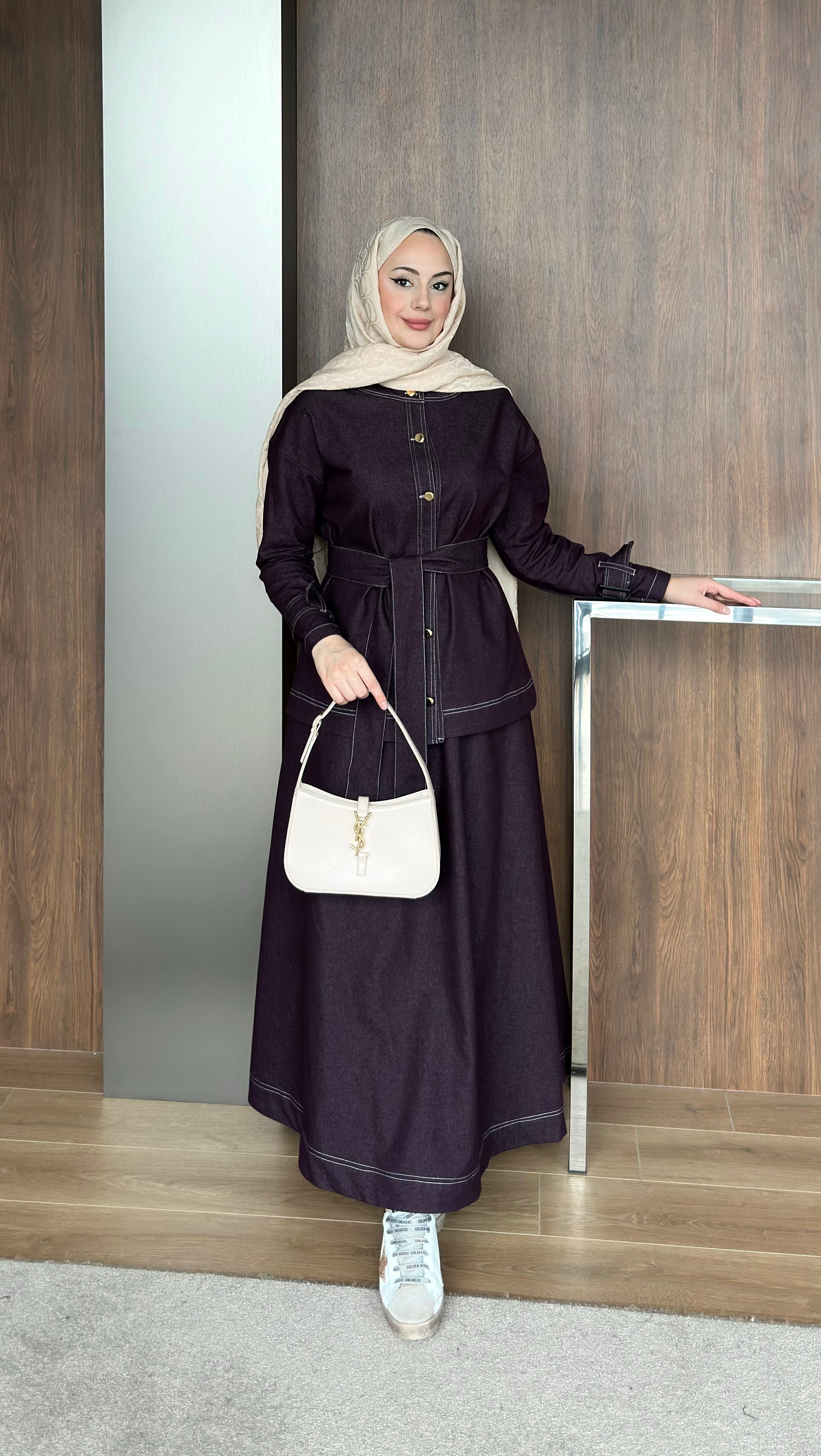 Gold Düğmeli Etekli Kot Takım Bordo