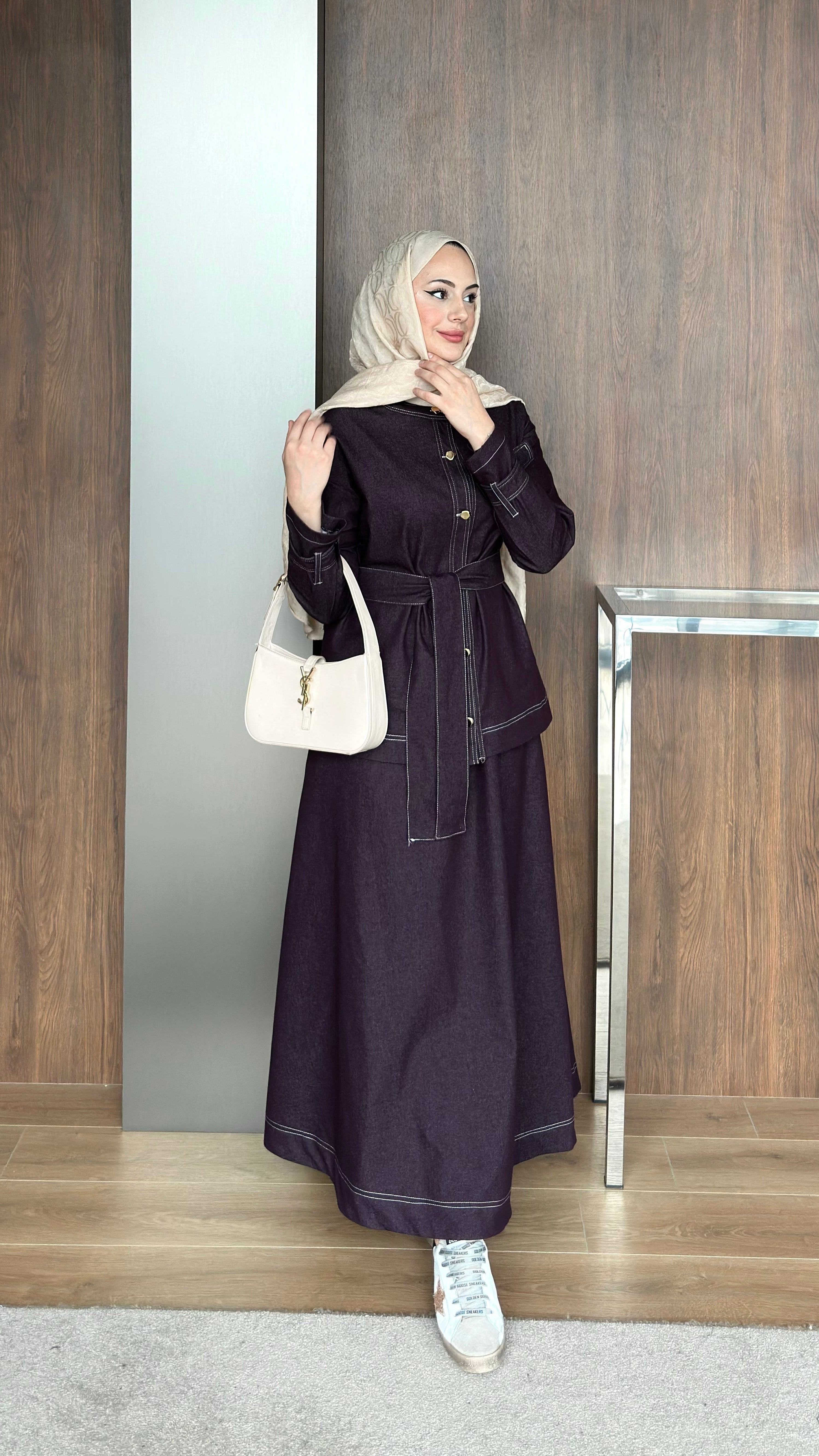 Gold Düğmeli Etekli Kot Takım Bordo