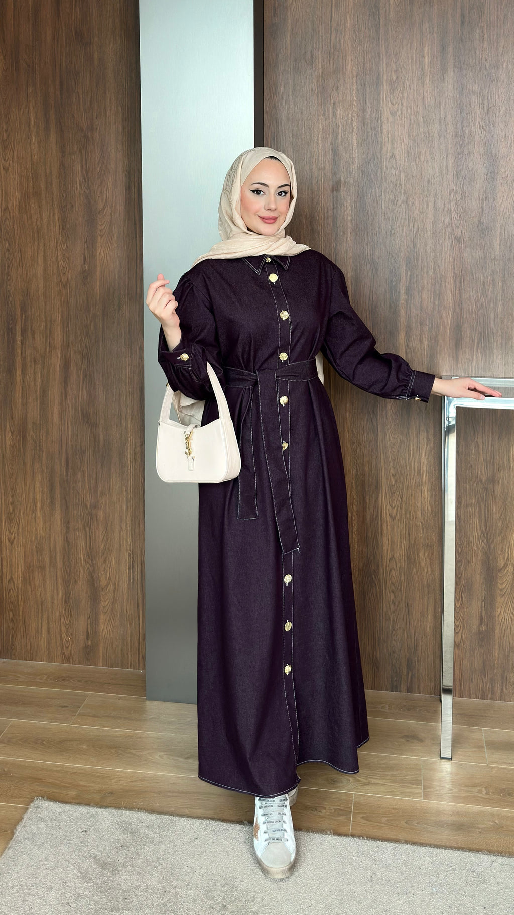 Gold Düğmeli Kot Elbise  Bordo