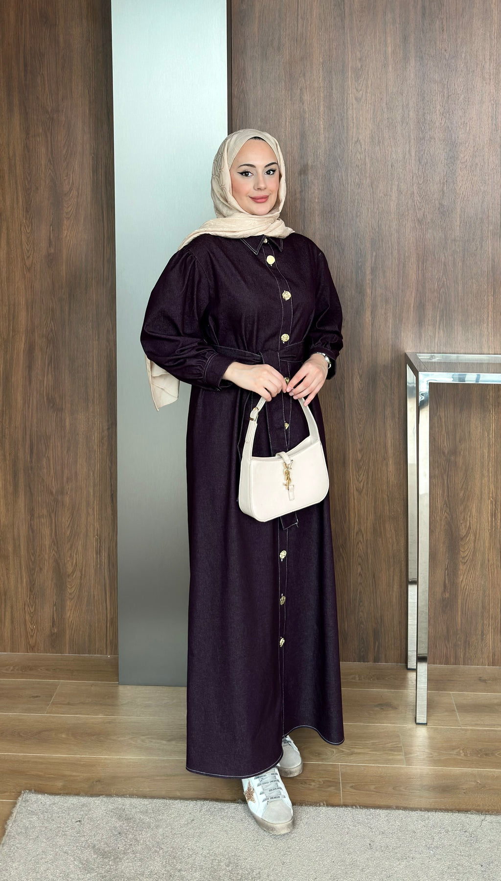 Gold Düğmeli Kot Elbise  Bordo