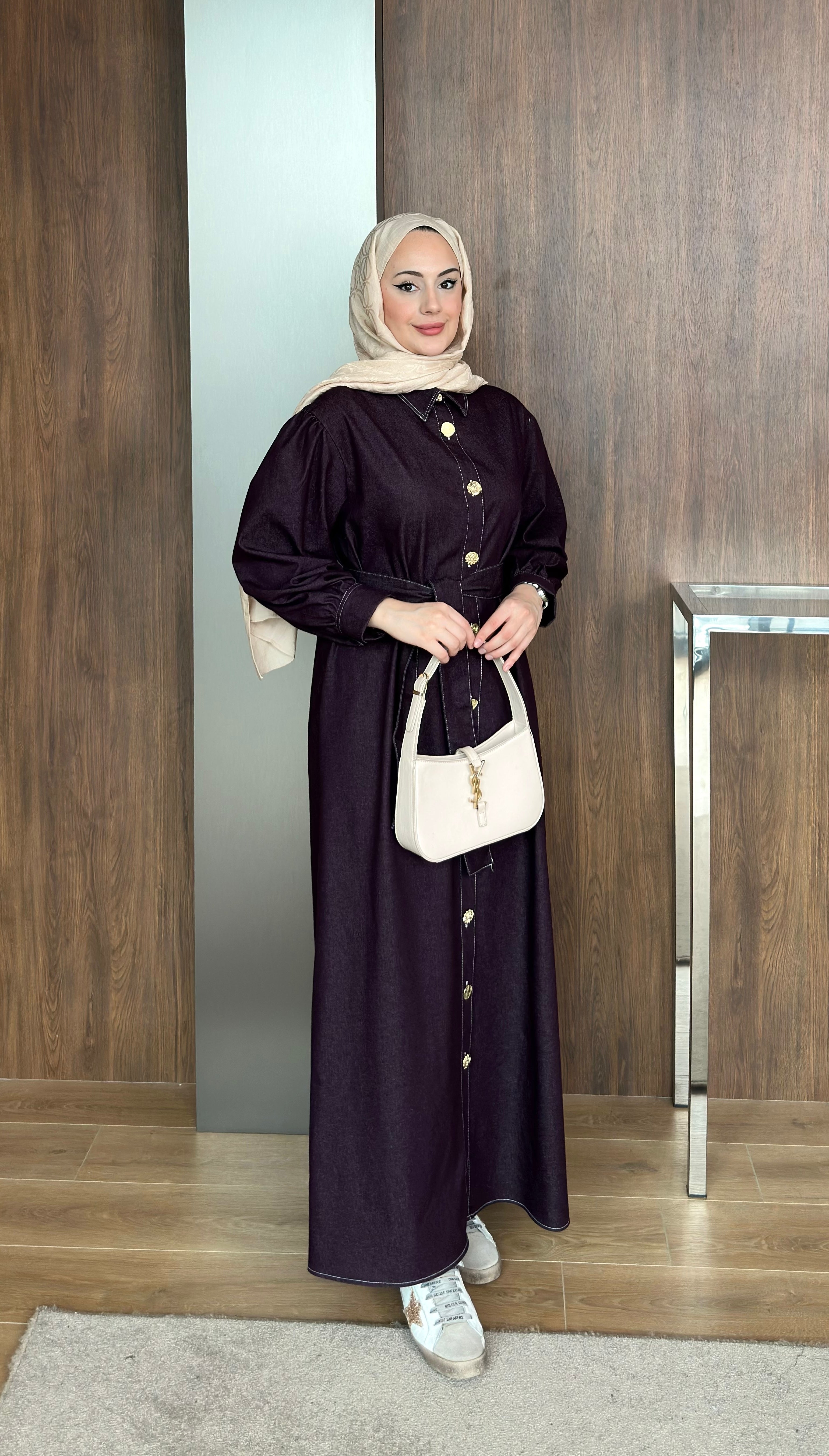 Gold Düğmeli Kot Elbise  Bordo