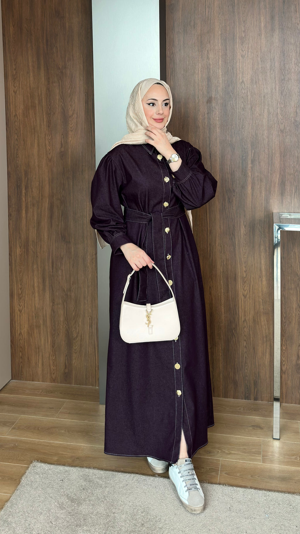 Gold Düğmeli Kot Elbise  Bordo