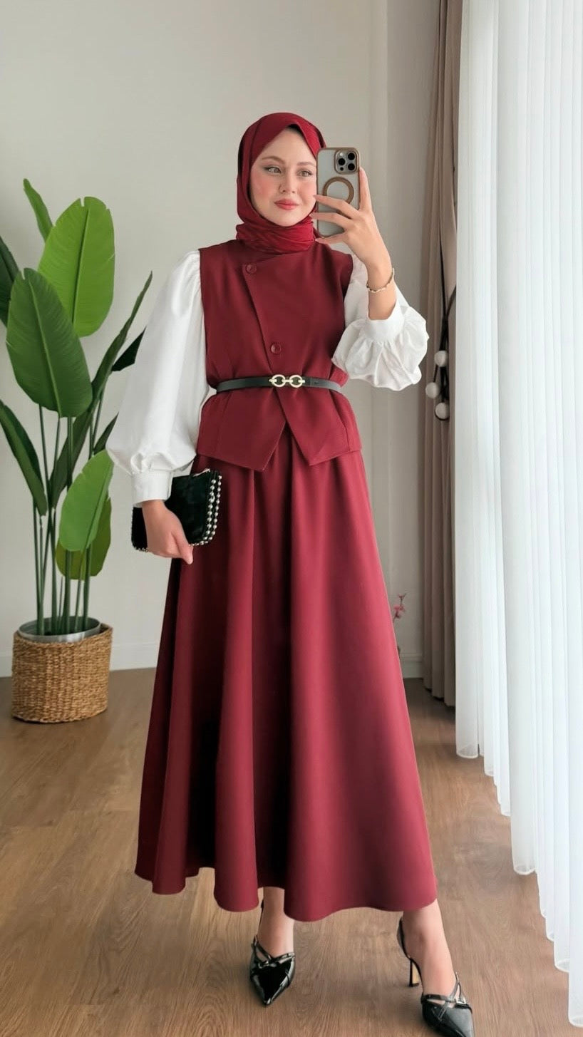 Yelekli Etek Takım Bordo