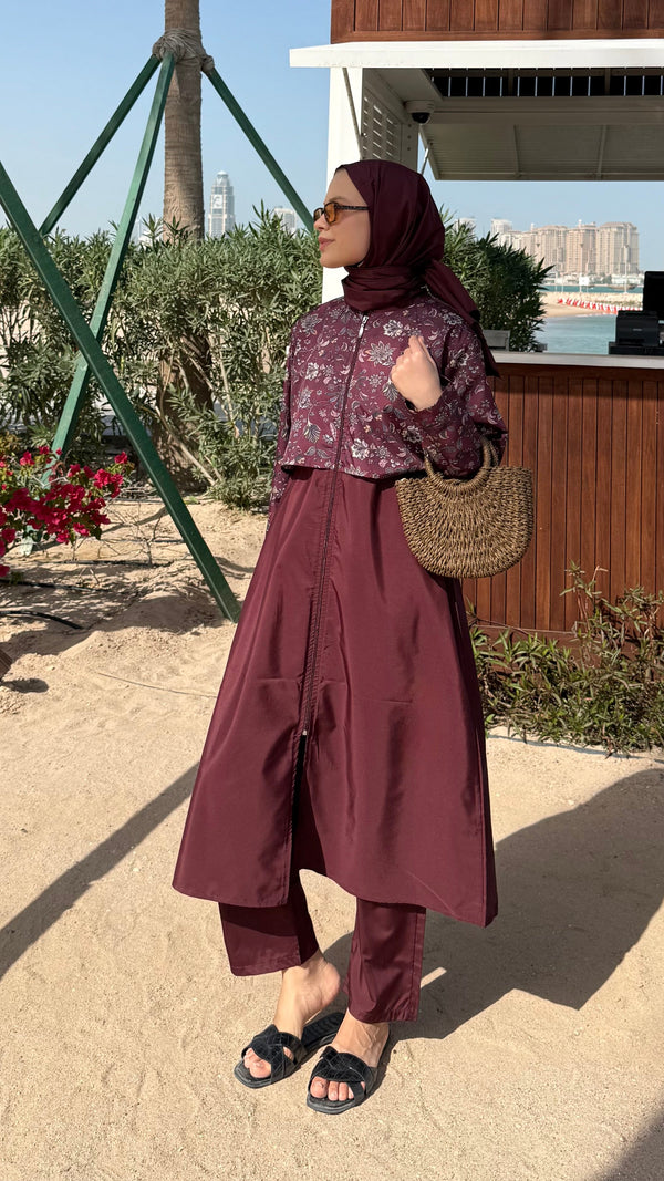 Yeni Desenli Uzun Tesettür Mayo Bordo-Çiçek